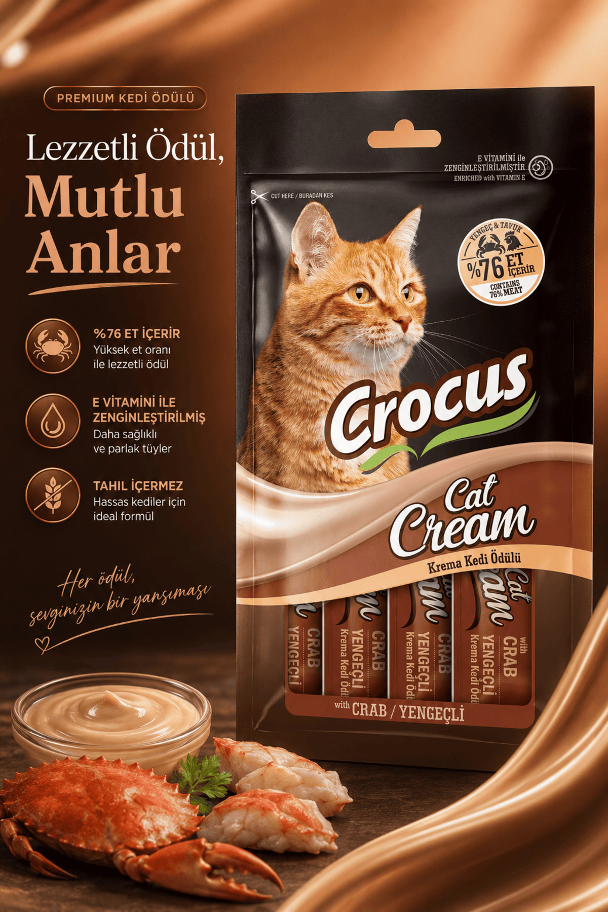 تشویقی کرمی گربه کروس Crocus با طعم خرچنگ، ۴×۱۵ گرم
