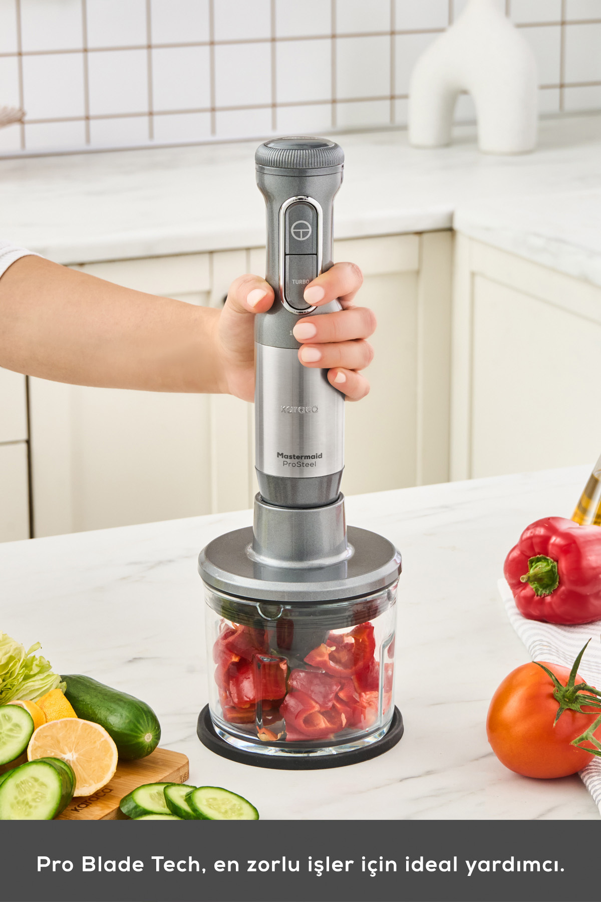 ست مخلوط کن بلندر 1000 واتی MASTERMAID PROSTEEL با کاسه شیشه ای گلکسی گری اورجینال Karaca