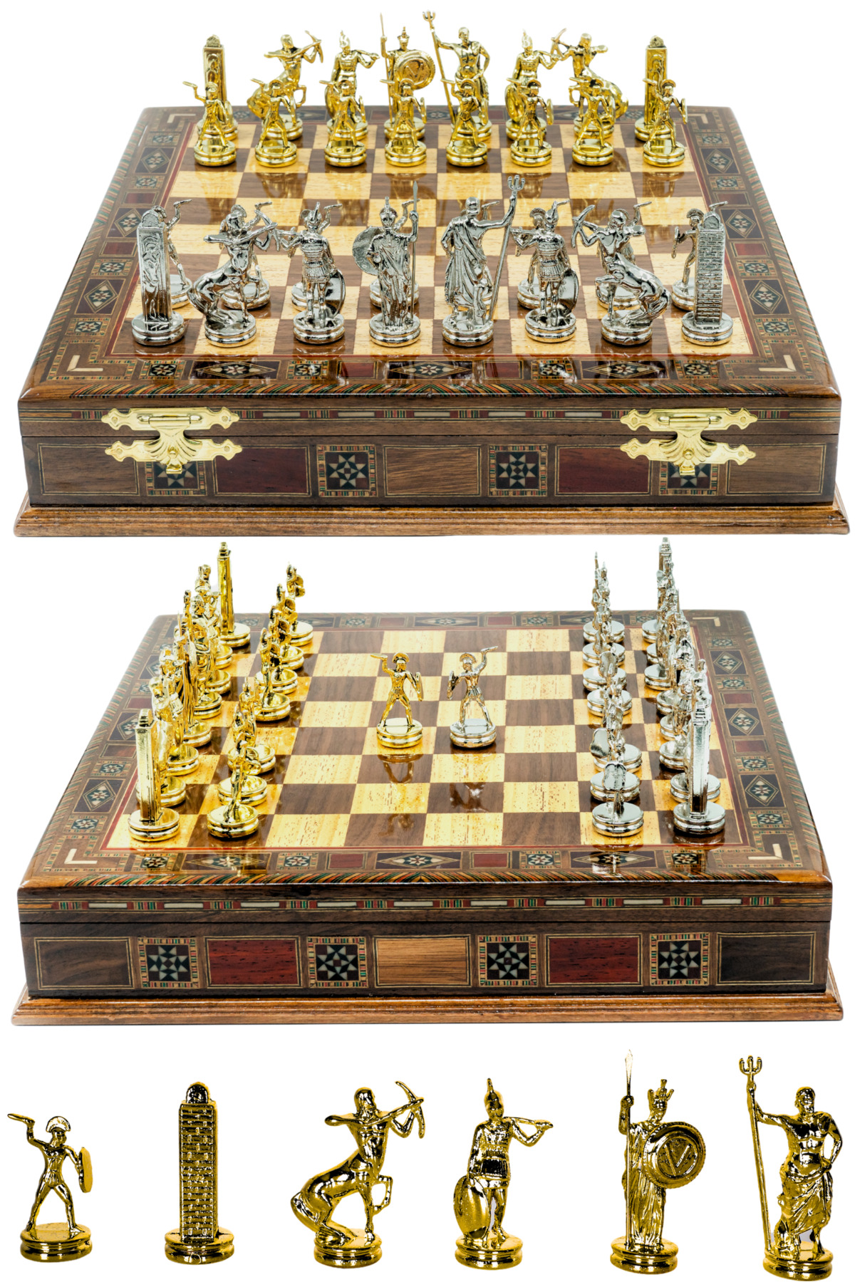 شطرنج ست فلزی چوب جامد 36 سانتی متری با جعبه گردو اسطوره یونان باستان پوزئیدون Cooper Chess