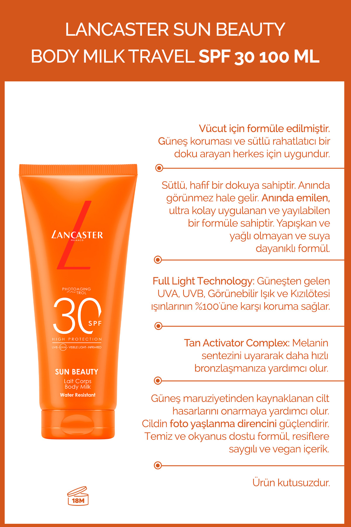 کرم ضد آفتاب بدن SUN BEAUTY BODY MILK SPF30 100 میل Lancaster