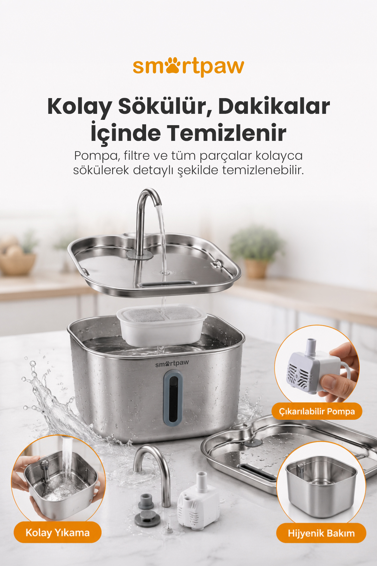 آب‌نمای آب‌خوری گربه اسمارت‌پا SMARTPAW Aqua Prime، مدل pwl148b، ۲٫۲ لیتری، استیل ضدزنگ 304 با نشانگر LED
