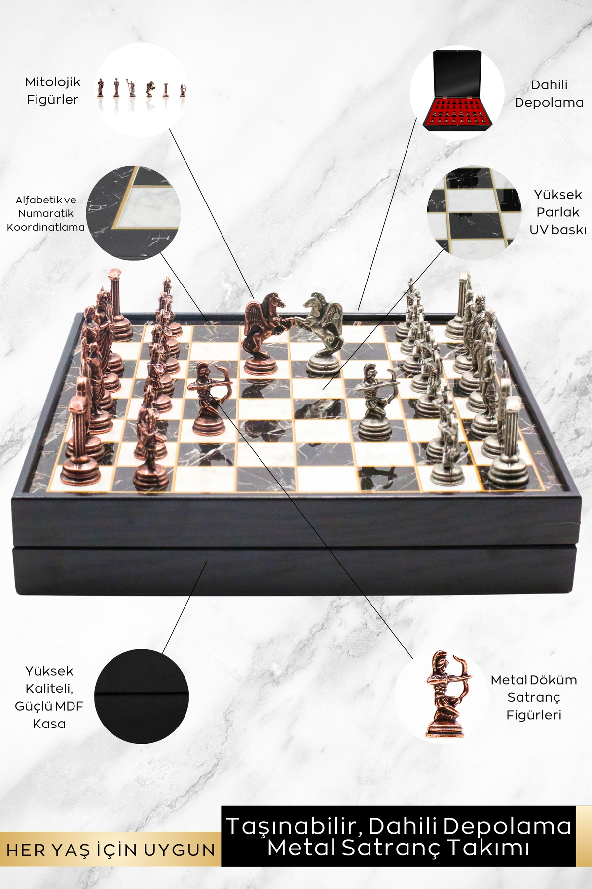 شطرنج ست فلزی برنز هدیه شخصی جعبه دار | 25 سانتی متر مرمر طرح اسطوره ای کماندار رومی Cooper Chess