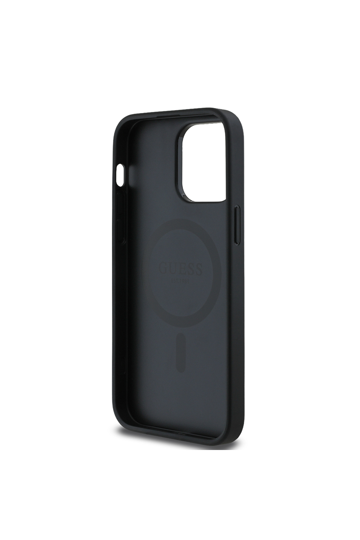 کاور و قاب سازگار با IPHONE 14 PRO MAX GUESS دارای مجوز M SAFE برجسته فلزی گل دانه دار مشکی اورجینال Guess