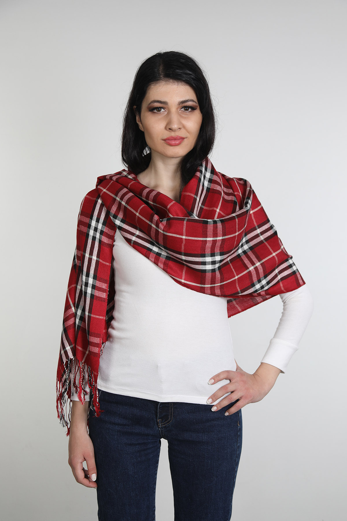 شال ویسکون و پنبه‌ای میستیک Mystic مدل MS-283، زرشکی و مشکی زنانه