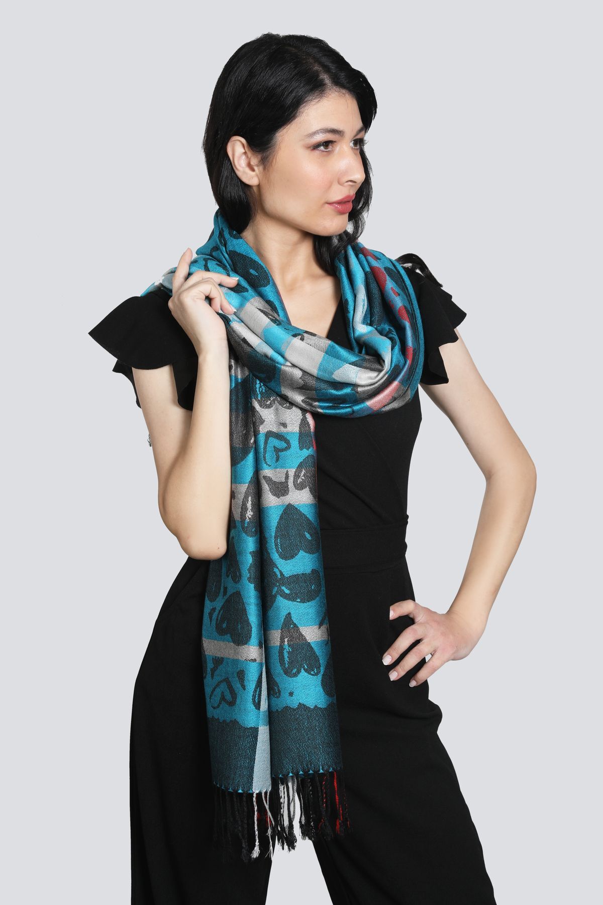 شال پشمینه کشمیر میستیک Mystic، آنتراسیت و فیروزه‌ای، مدل MS-324 زنانه