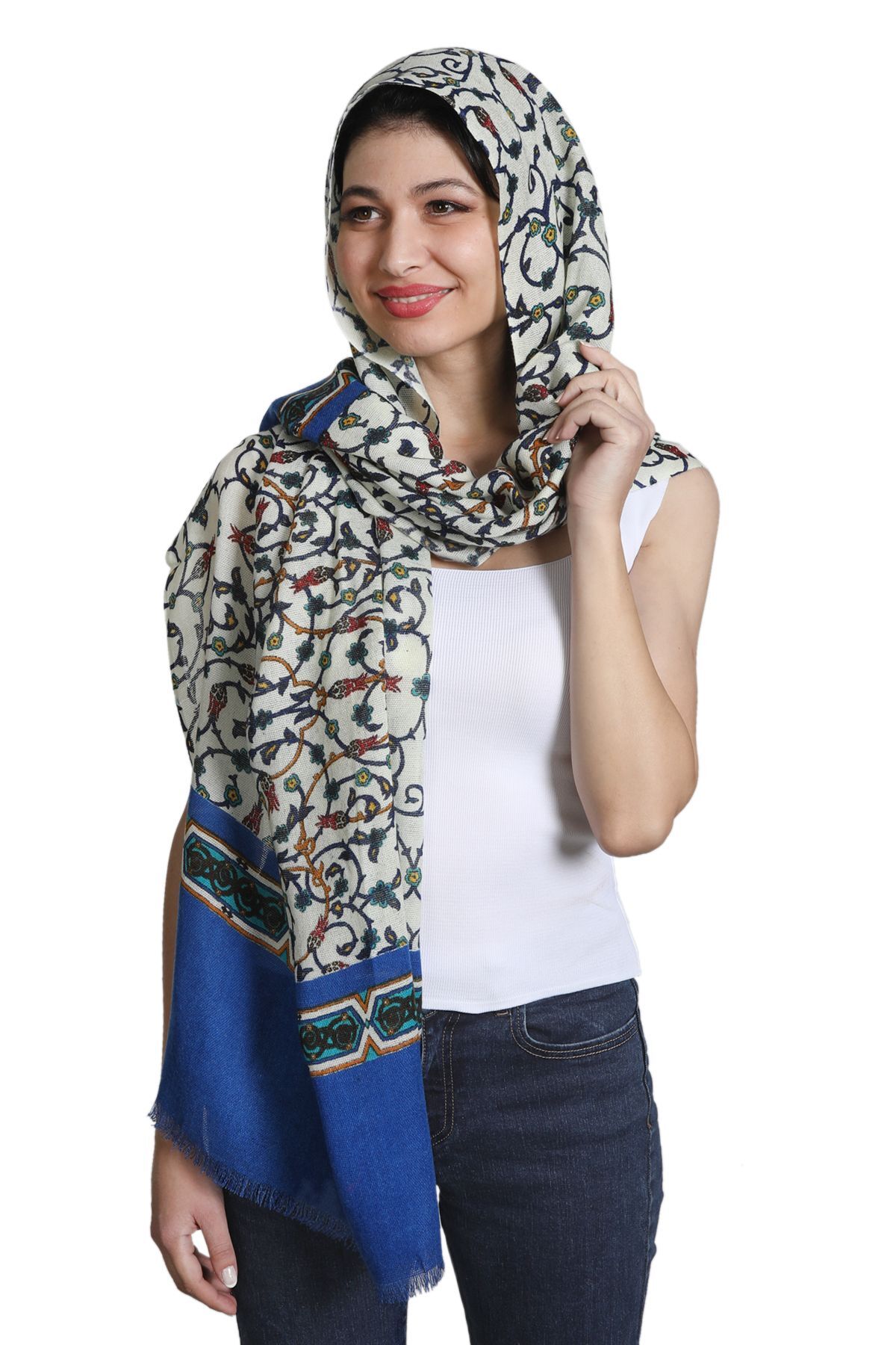 شال زنانه ابریشم و کتان میستیک Mystic مدل MS-339، بژ و نیلی