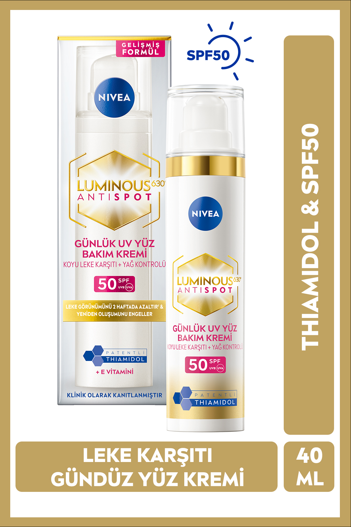 NIVEA کرم ضد روز Luminous630 محافظت شده از آفتاب 40 میلی لیتر، SPF50، اسید هیالورونیک، ویتامین E