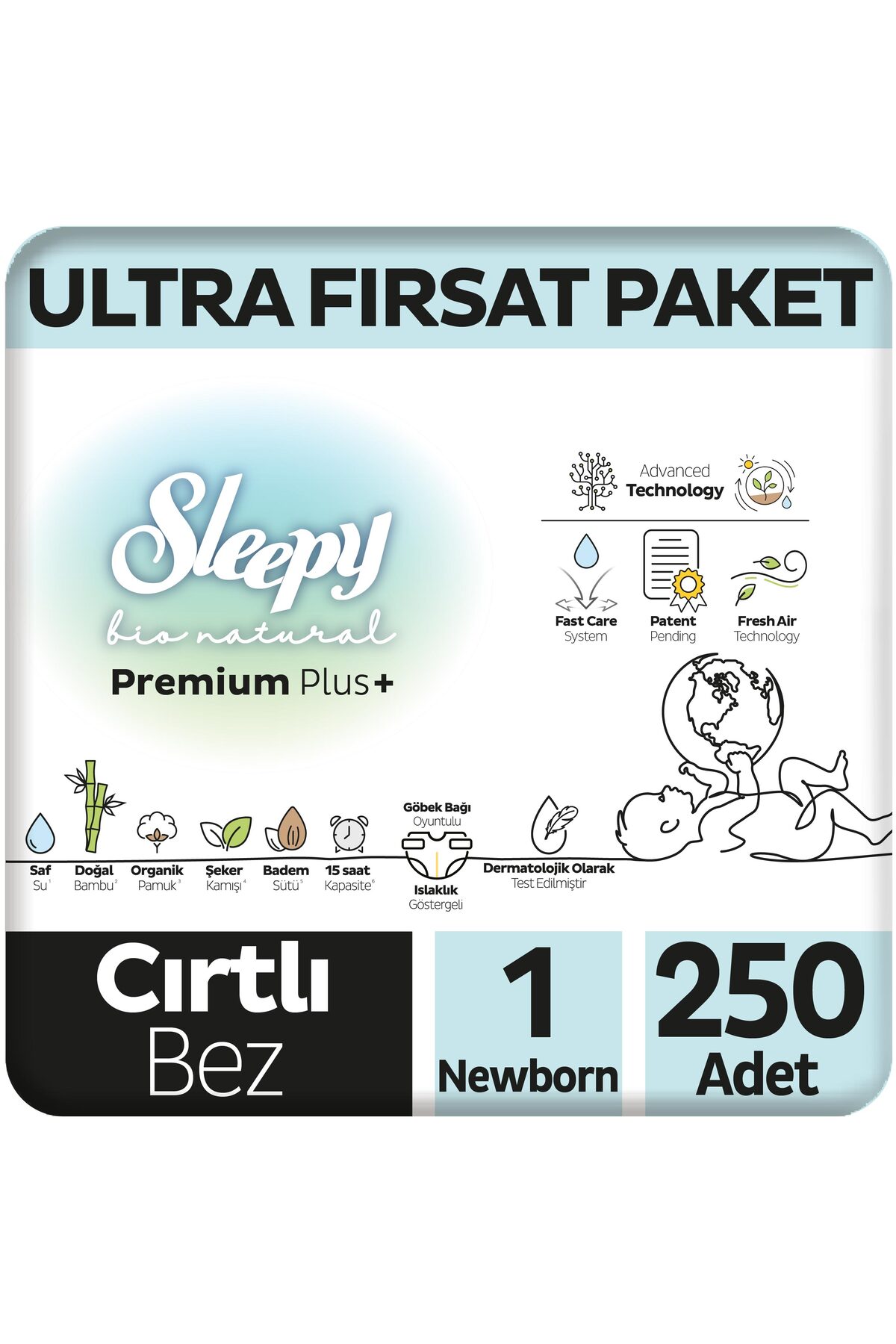 پوشک بچه پکیج بایو نچرال پرمیوم پلاس ULTRA OPPORTUNITY شماره 1 نوزاد 250 عدد اورجینال Sleepy