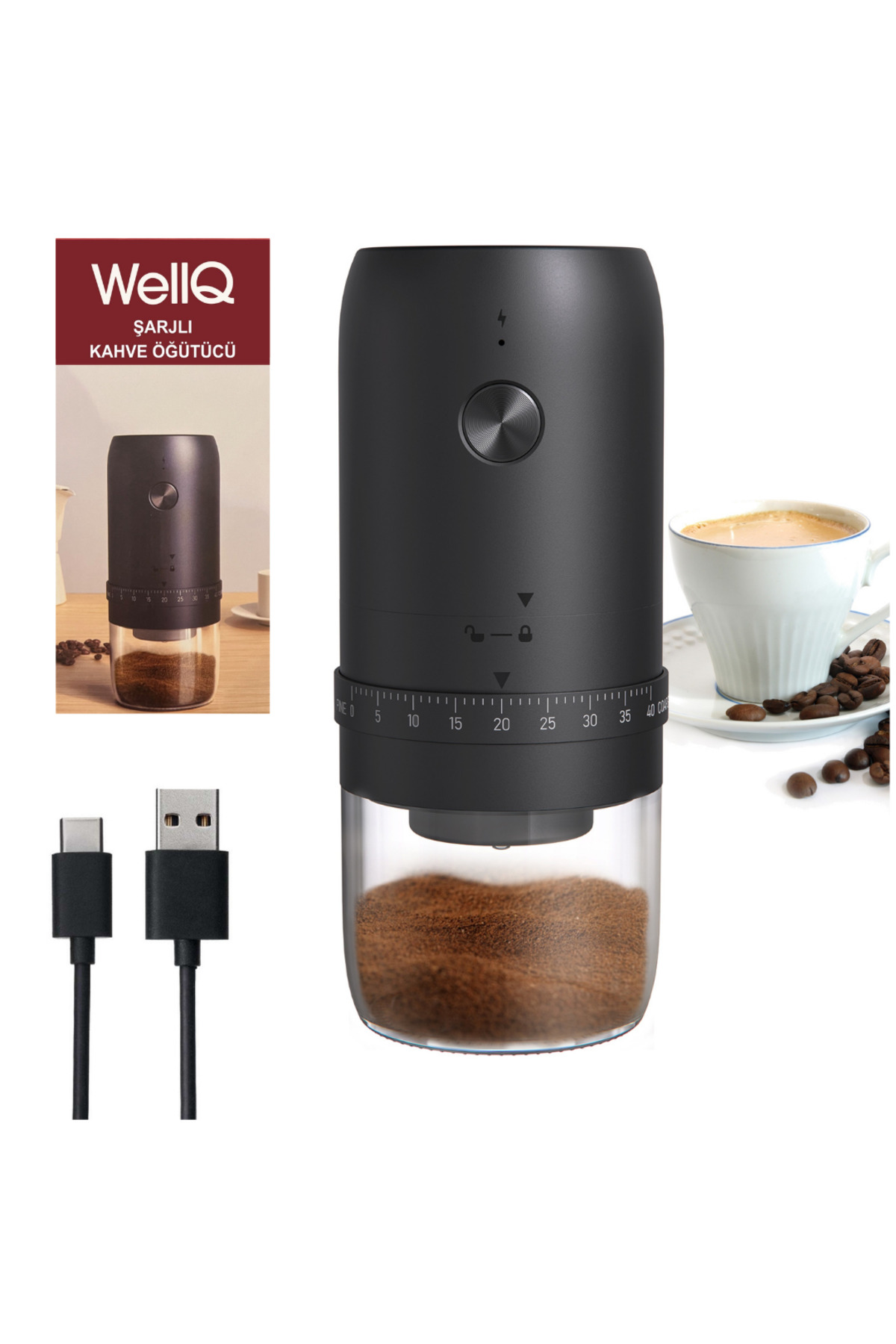 آسیاب قهوه الکترونیکی جوش قابل شارژ و ظرافت تنظیم اورجینال WellQ