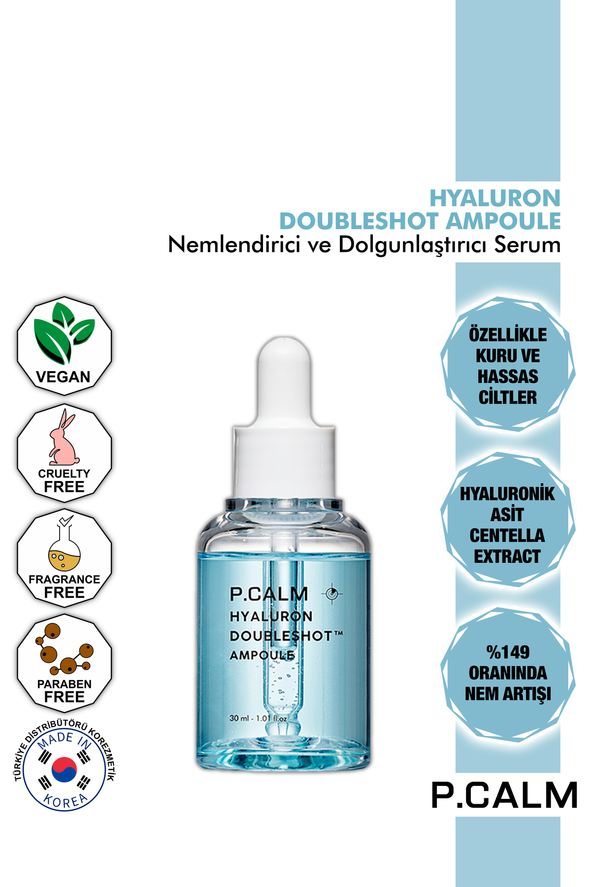 سرم پوست P.CALM HYALURONIC ACID AND CENTELLA حاوی مرطوب کننده دوقطبی است 30ML سنتلا P Calm