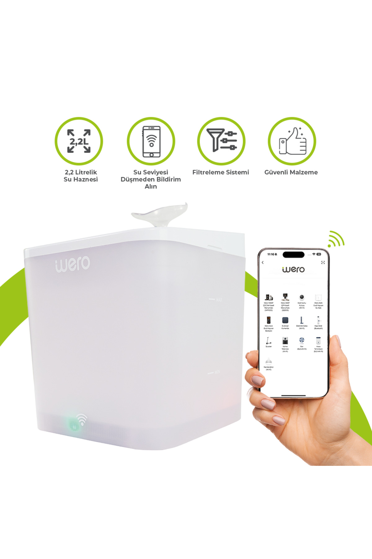آبخوری فواره‌ای هوشمند گربه و سگ ورو Wero مدل WF004B، وای‌فای و UV، ظرفیت ۲٫۲ لیتر 2,2 L