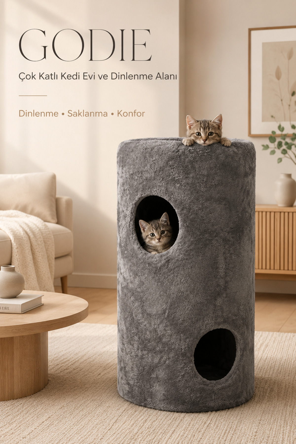 خانه و تخت گربه سه‌طبقه ساوینو هوم اند اسلیپ Sawinno Home&Sleep GODIE، 87x47 cm، پارچه ول‌سافت، خاکستری