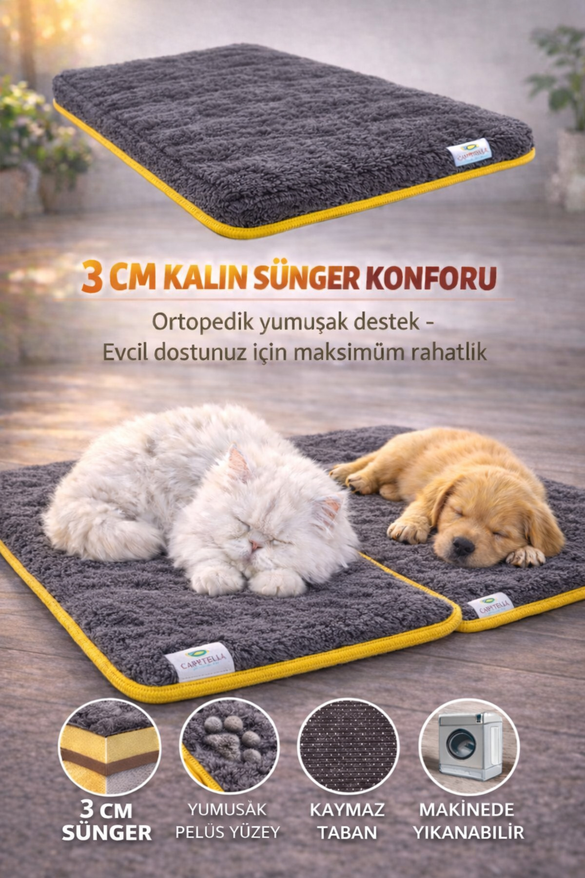 تخت گربه و سگ کارپتلا Carpetella مدل PET-4421، با فوم ویسکو و زیره ضدلغزش خاکستری