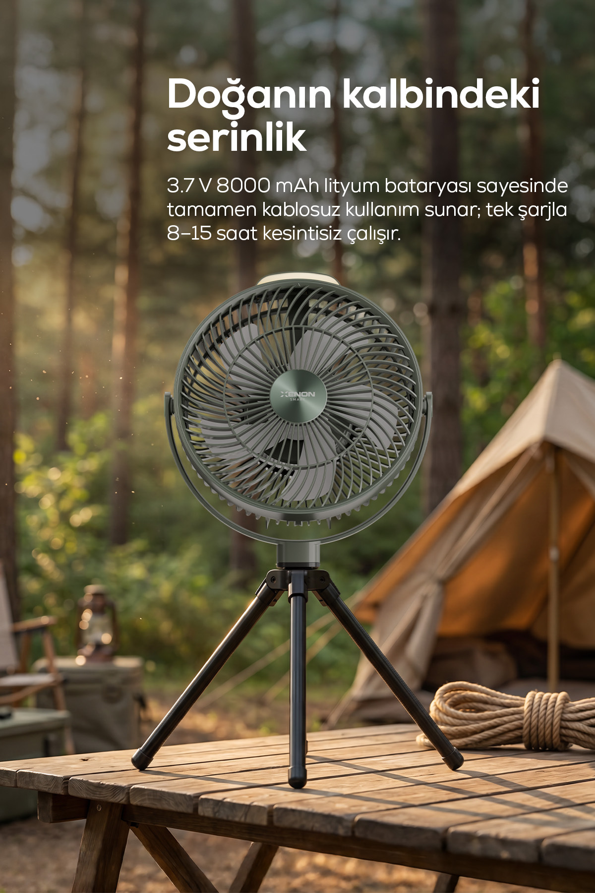 پنکه کمپینگ قابل‌حمل زنون اسمارت Xenon Smart، مدل X7434-M1، باتری ۸۰۰۰ میلی‌آمپرساعتی، سه‌پایه‌دار و چراغ‌دار سبز