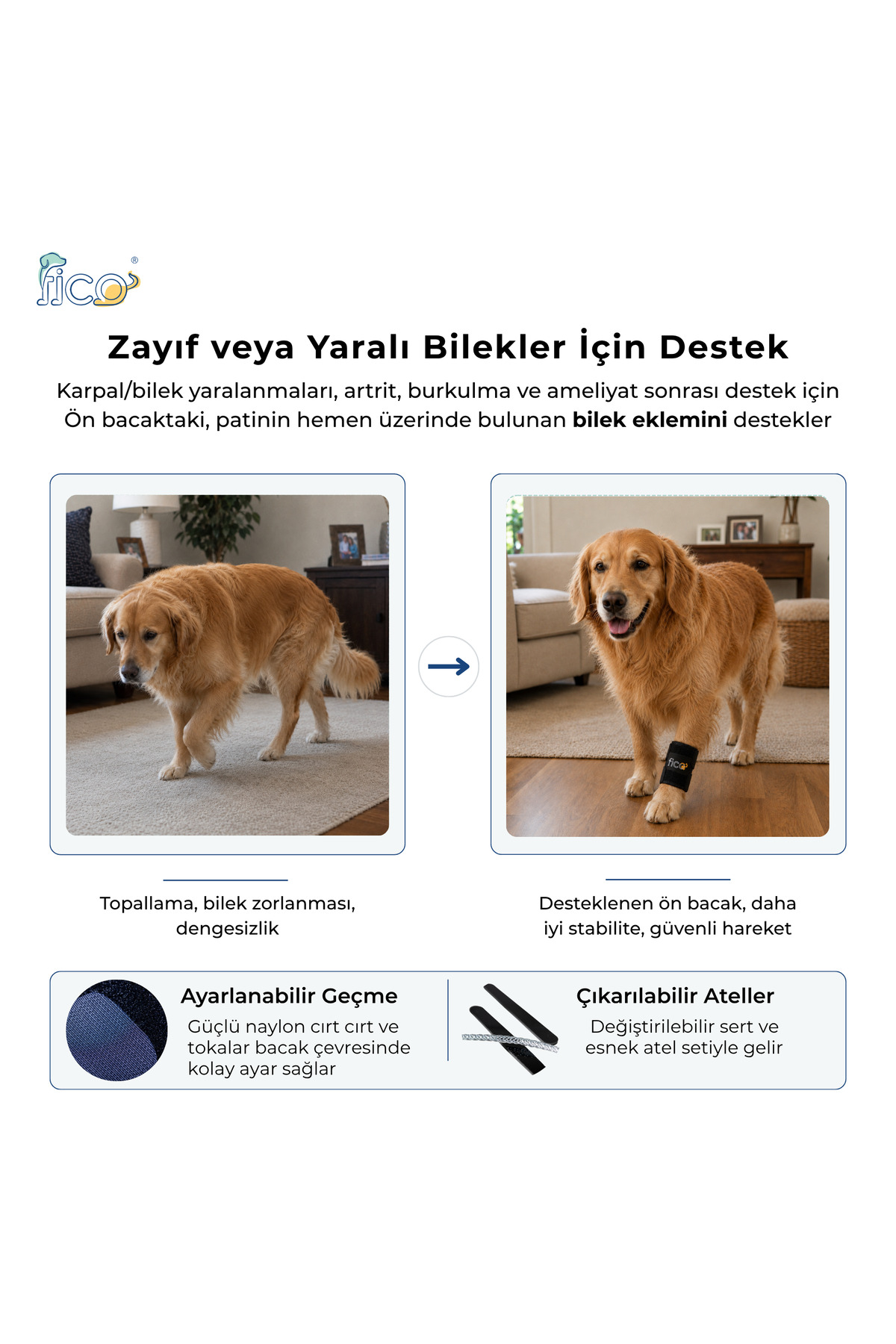 مچ‌بند حمایتی پای جلویی سگ فیکو پتس Fico Pets FLBL، آتل‌دار، سرمه‌ای
