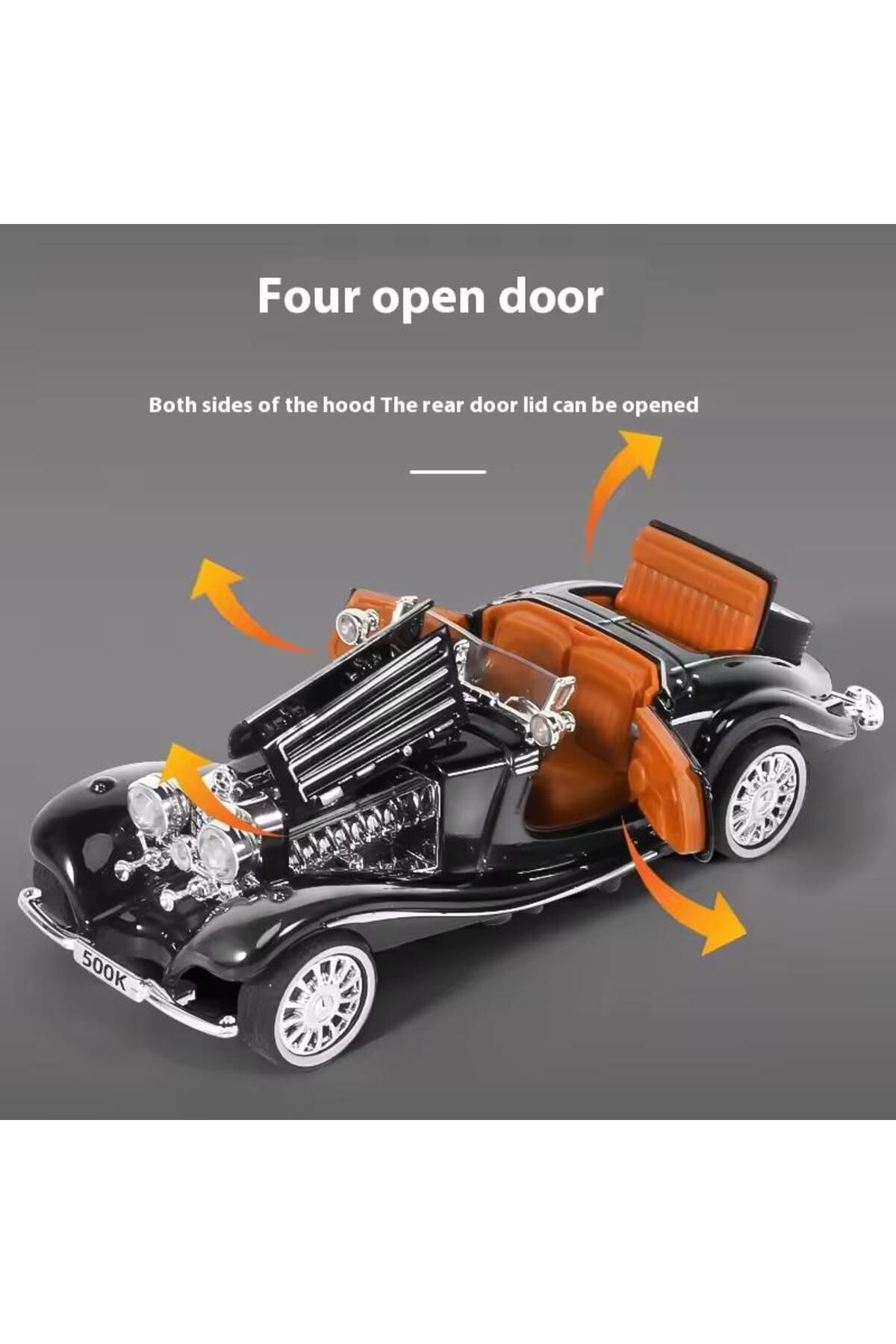 مدل خودرو MERCEDES 500K مشکی OLD کلاسیک درهای باز با صدا و چراغ مرسدس 500 K DIECAST CAR اورجینال SECTOYS