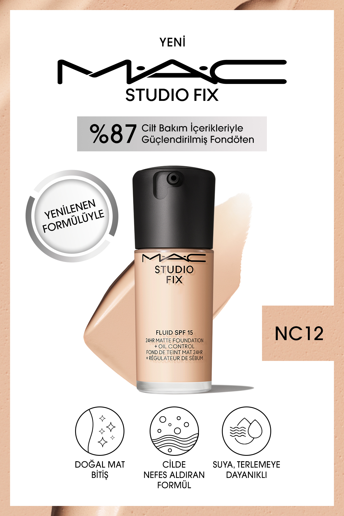کرم پودر فونداسیون مات ماندگار تا 24 ساعت STUDIO FIX FLUID SPF15 رنگ: NC12 30ML اورجینال Mac