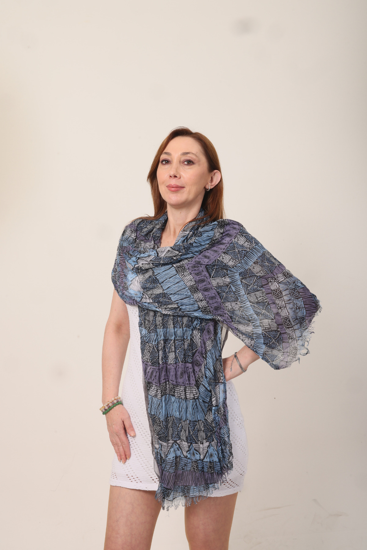 شال زنانه میستیک Mystic مدل MS-505، دوطرفه با طرح هندسی، ۱۰۰٪ پنبه، ۷۰×۱۸۰ سانتی‌متر