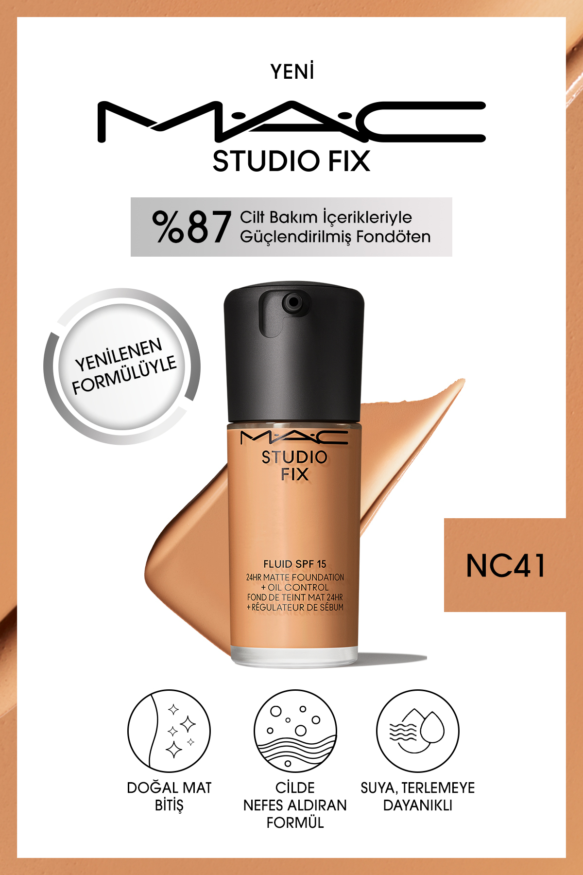 کرم پودر بنیاد MATT دائمی تا 24 ساعت استودیو FIX FLUID SPF15 رنگ: NC41 30ML Mac