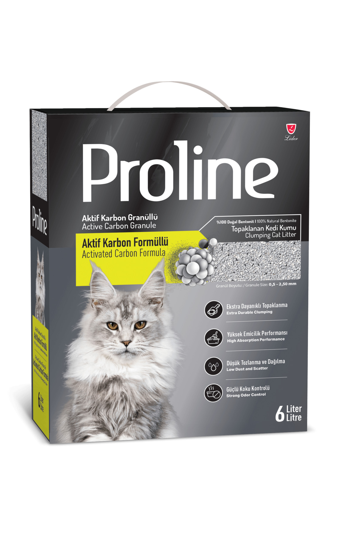 خاک گربه بنتونیتی دانه‌ریز پرولاین Proline با کربن فعال، ۲ بسته ۶ لیتری