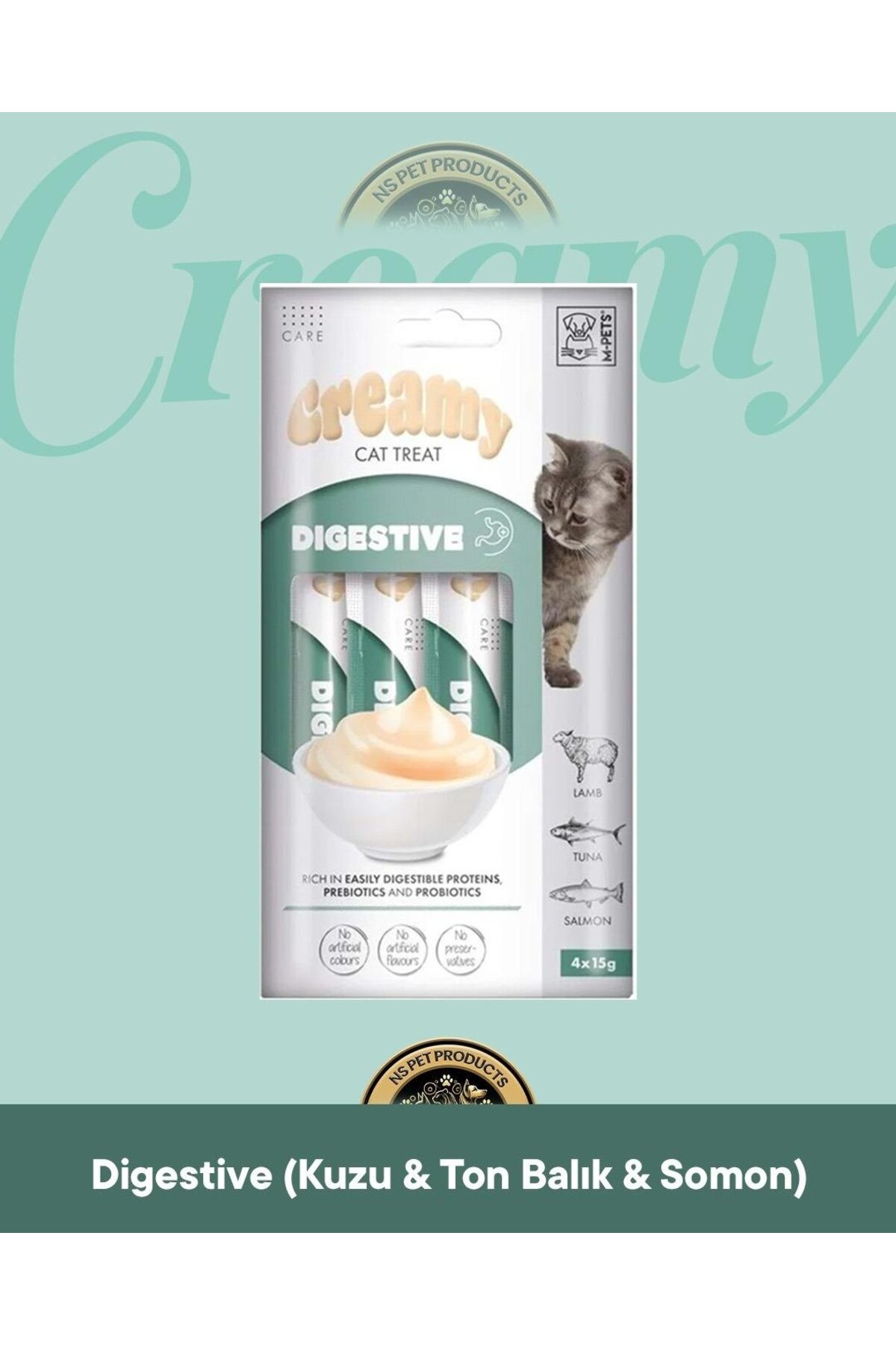 تشویقی کرمی گربه ام‌پتس M-PETS Creamy Digestive، بسته ۴×۱۵ گرم
