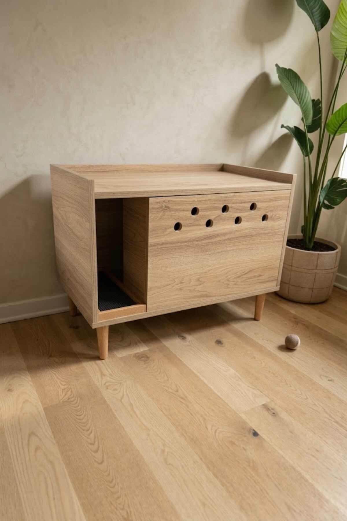 کابینت توالت گربه ریو Reyo، سری Pet Luna، MDF گردویی سوراخ‌دار پایه‌دار