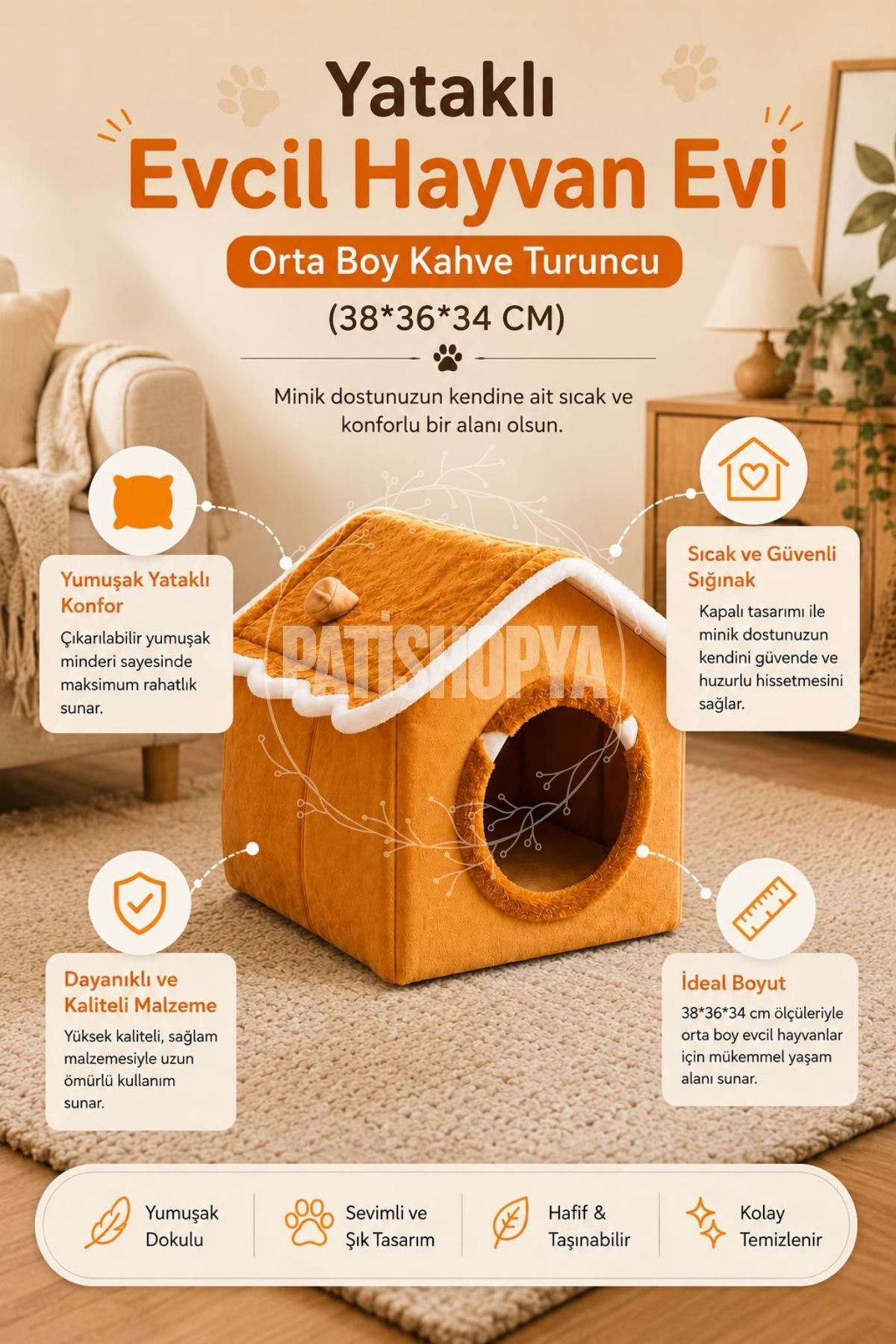 خانه و جای خواب بسته گربه پاتیشوپیا PATİSHOPYA، تاشو و پولیشی، قهوه‌ای و نارنجی، ۳۸×۳۶×۳۴ سانتی‌متر