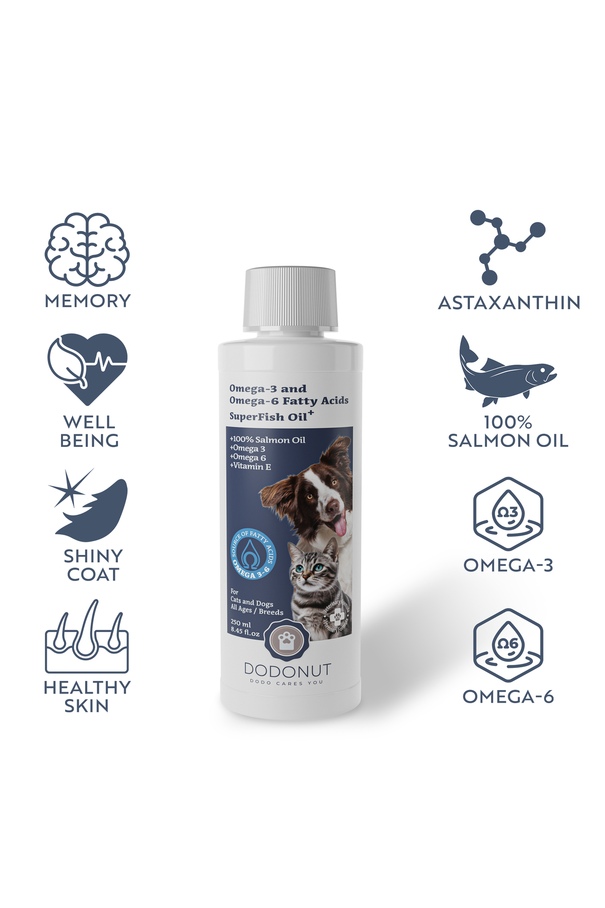 روغن سالمون گربه و سگ دودونات DODONUT Superfish Oil+، ۱۰۰٪ طبیعی، امگا ۳ و ۶، ۲۵۰ میلی‌لیتر