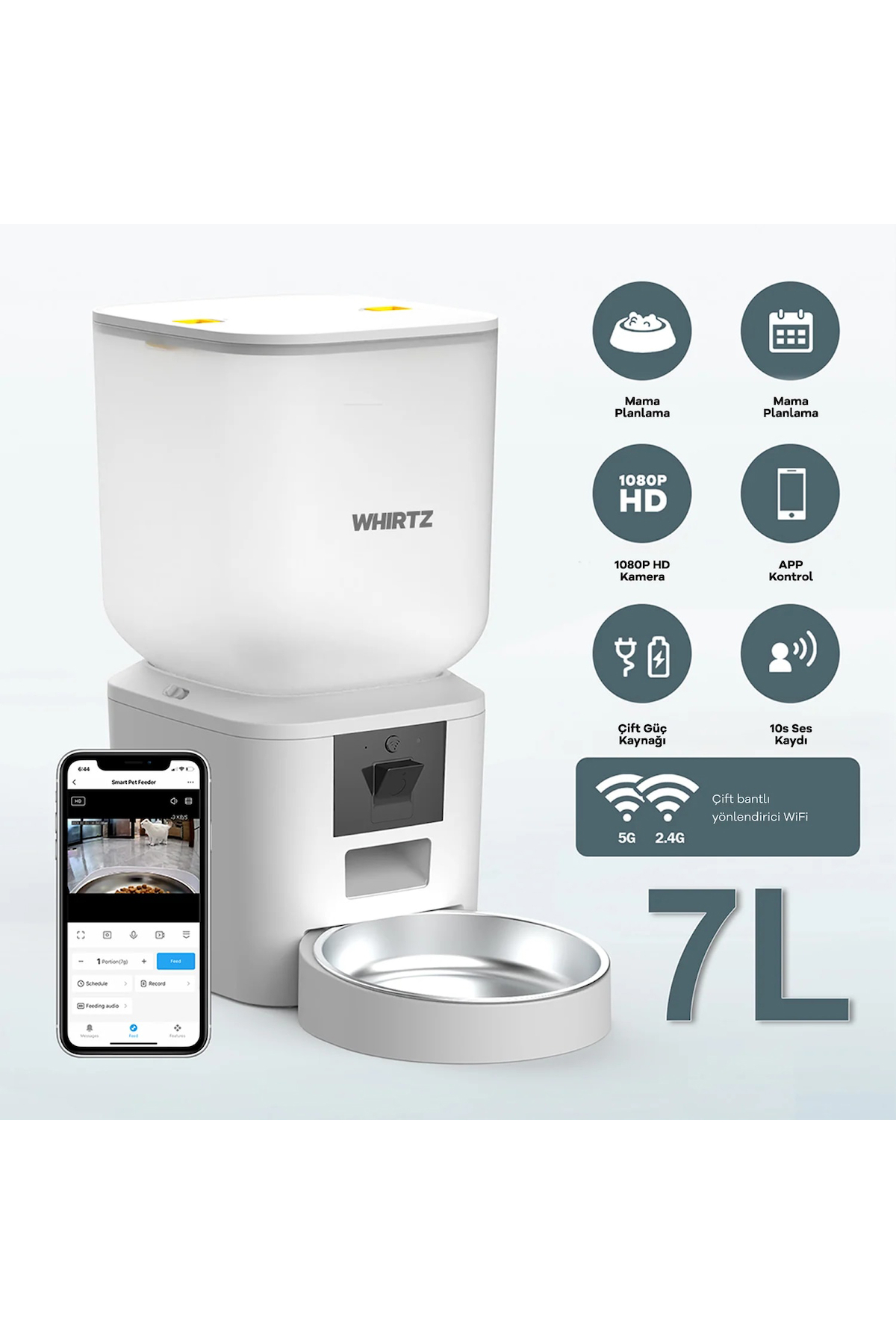 ست هوشمند ۲‌تکه ظرف غذای خودکار ۷ لیتری و آب‌نمای ۴ لیتری حیوانات خانگی ویرتز Whirtz، خاکستری