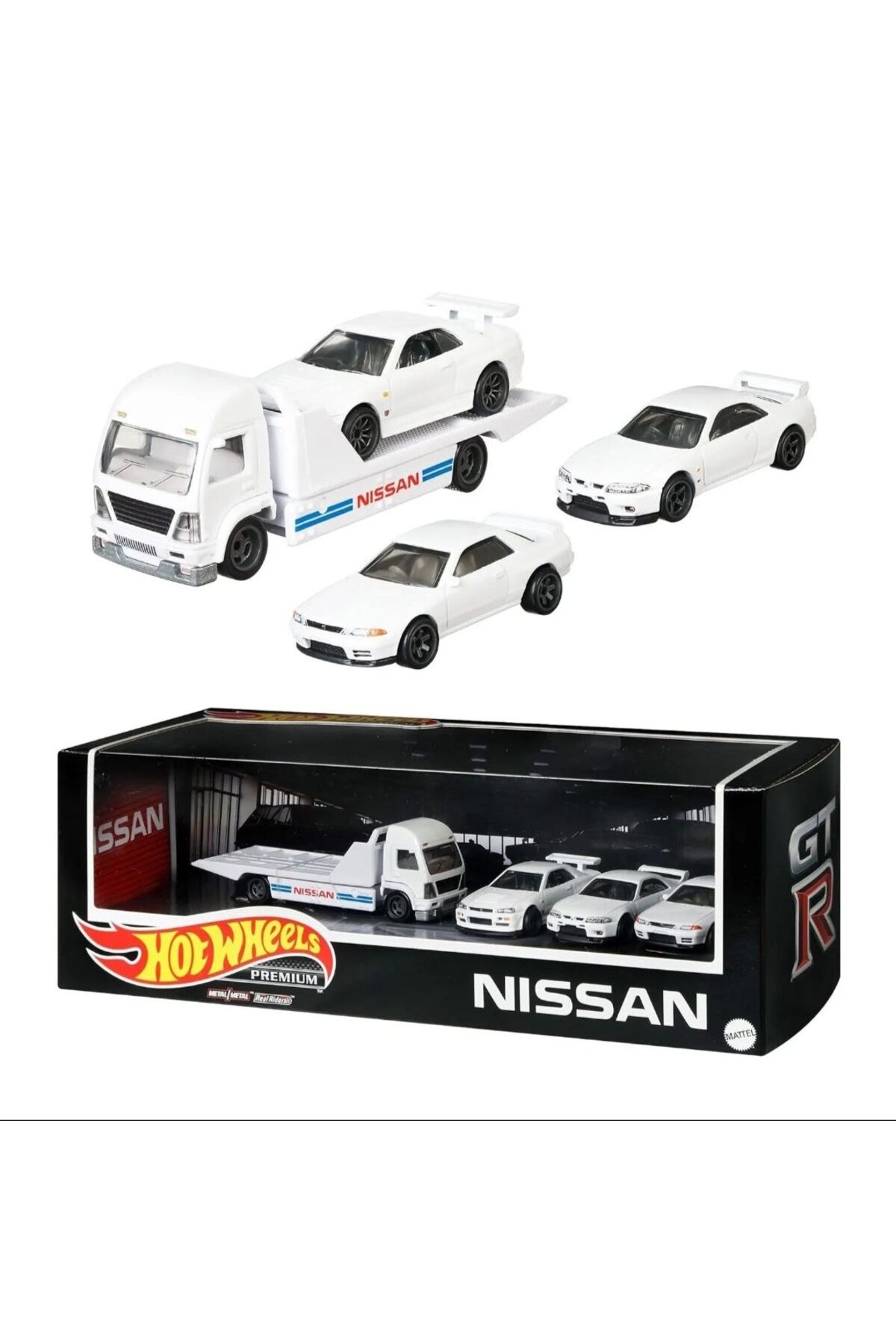 ماشین اسباب بازی مجموعه باکس پریمیوم نیسان SKYLINE GTR DIORAMA شامل 3 خودرو و 1 کامیون R32 R33 R34 از ترکیه HOT WHEELS