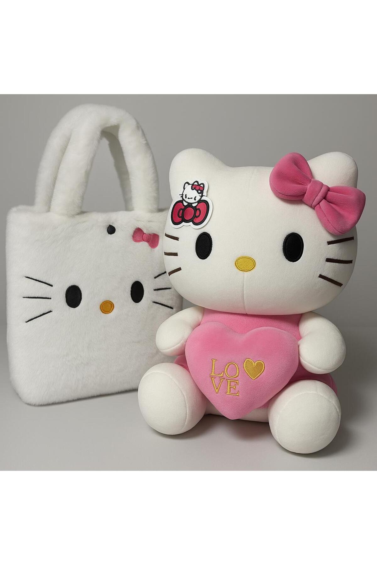 اسباب بازی های پشمی مخمل دار HELLO KITTY 35CM + کیف مخملی زیبا و نرم از ترکیه POLLYTOYS PELÜŞ OYUNCAKTA DÜNYA MARKASI