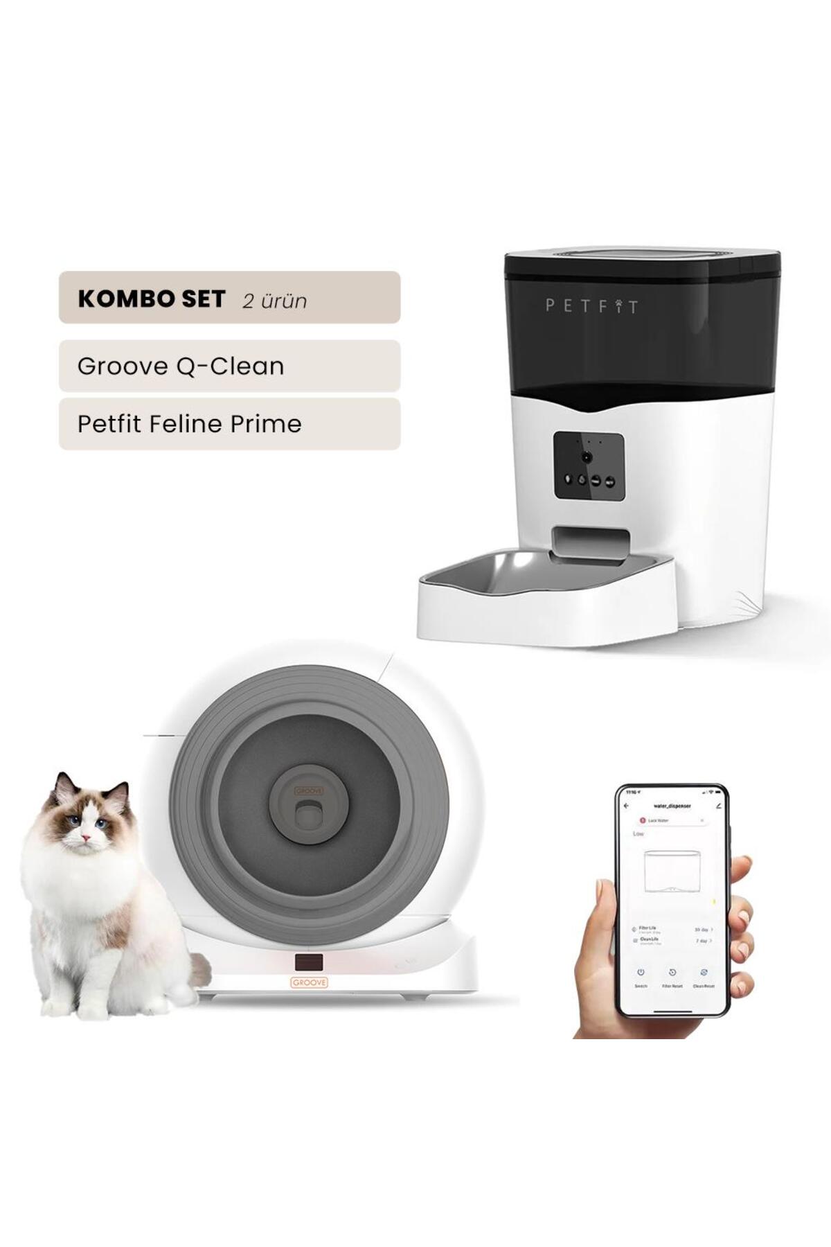 مجموعه توالت هوشمند گربه پت‌فیت Petfit؛ Groove Q-Clean Wi-Fi خاکستری و Feline Prime 3L دوربین‌دار