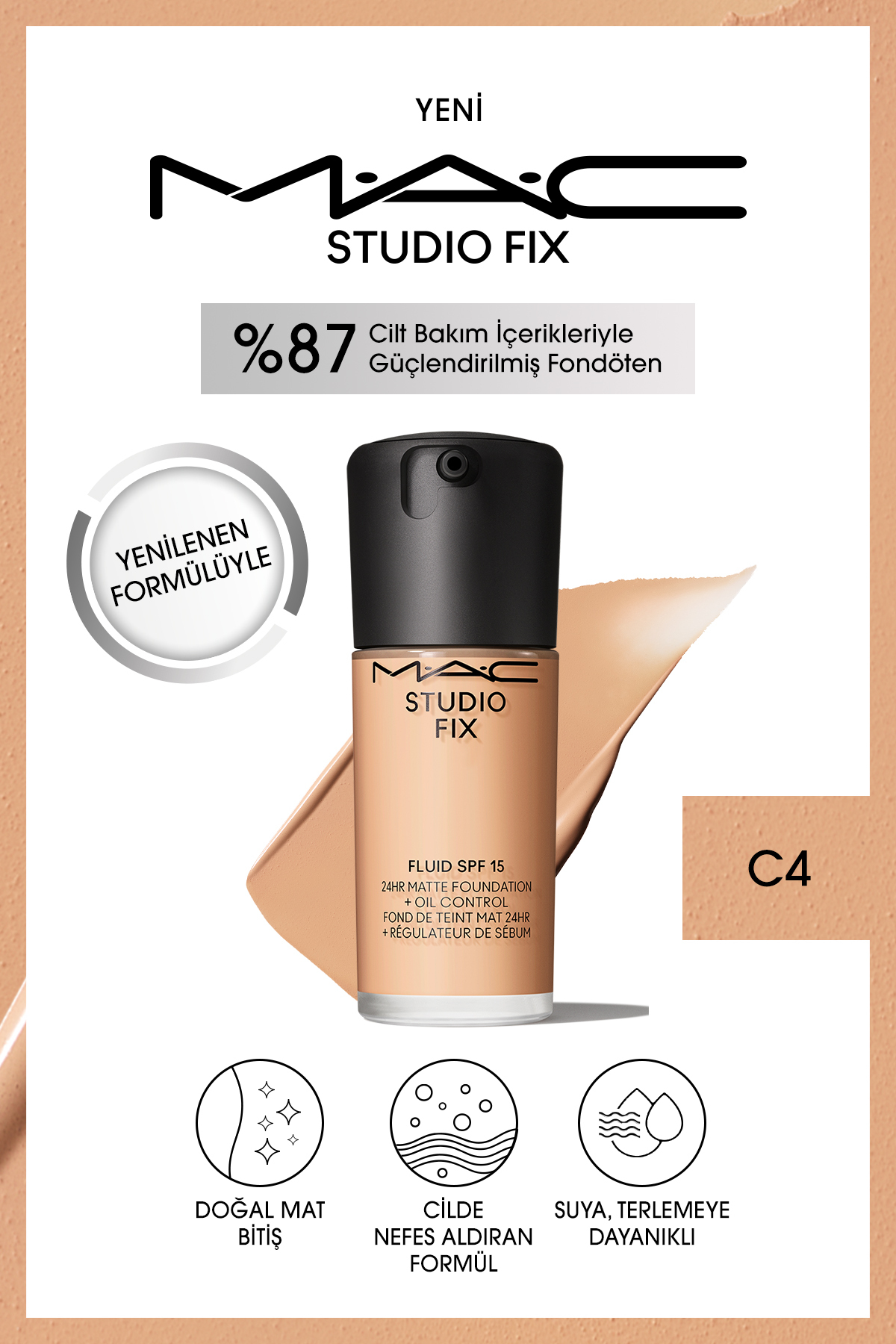 کرم پودر استودیو FIX FLUID SPF 15 MAT FOUNDATION C 4 30 ML Mac