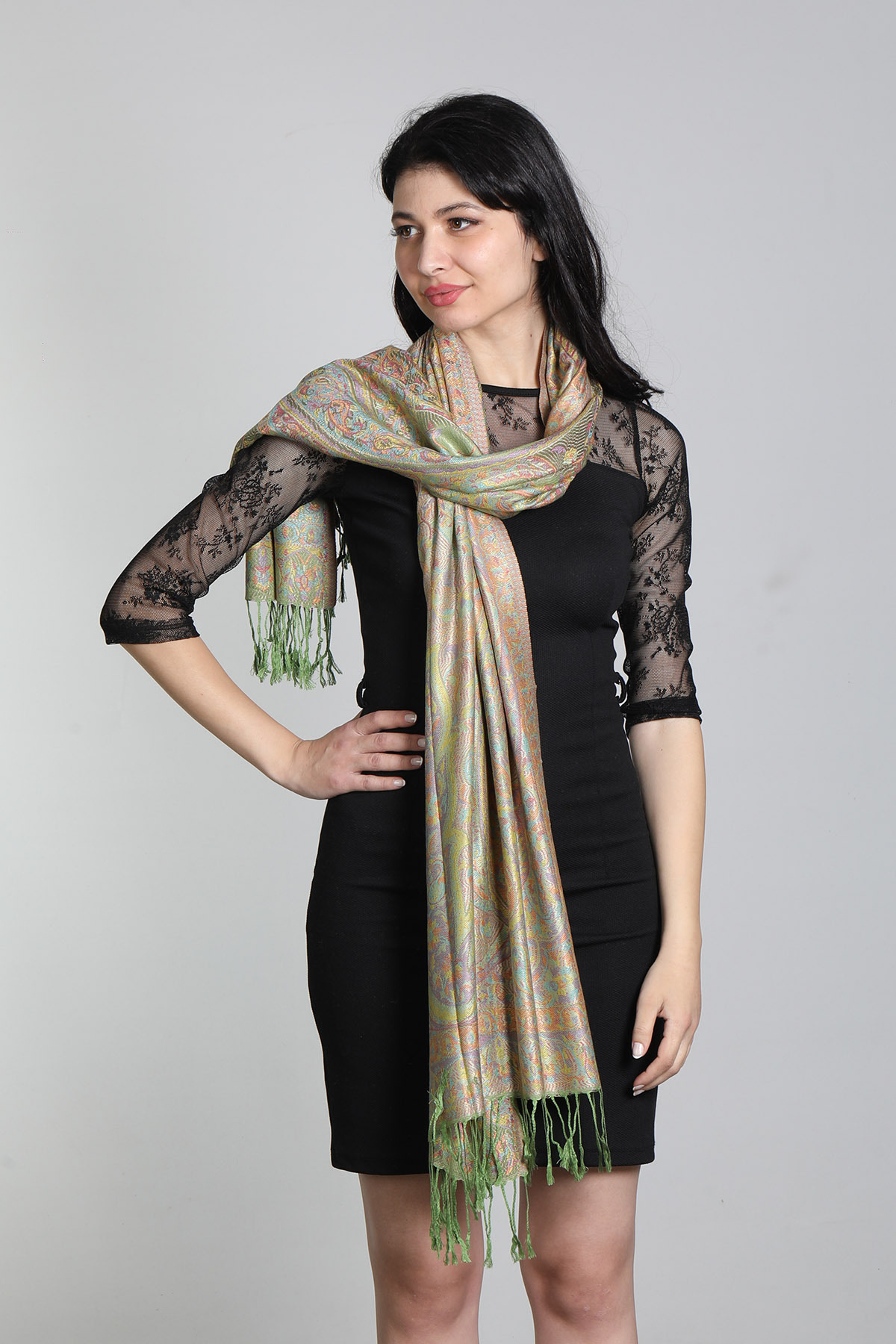 شال زنانه دورو ۱۰۰٪ ابریشم میستیک Mystic مدل MS-406، بژ چندرنگ