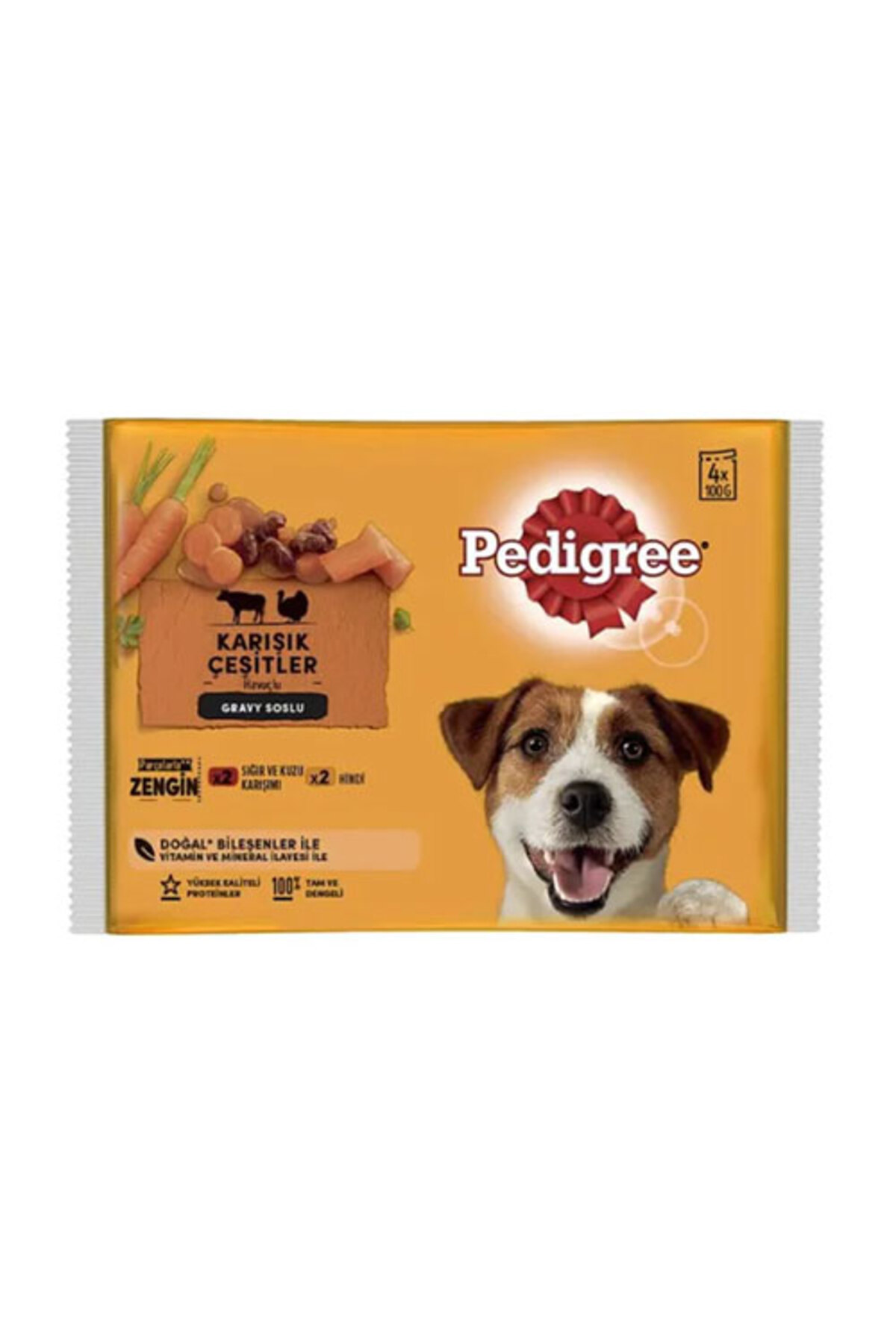 غذای مرطوب پاکتی سگ بالغ پدیگری Pedigree با گوشت گاو، بره و بوقلمون، ۴ عددی ۱۰۰ گرمی