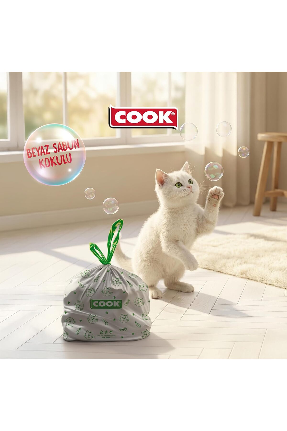 کیسه زباله بنددار مخصوص خاک گربه کوک COOK، ۵۵×۳۰ سانتی‌متر، ۲۰ برگ، با رایحه صابون، سفید