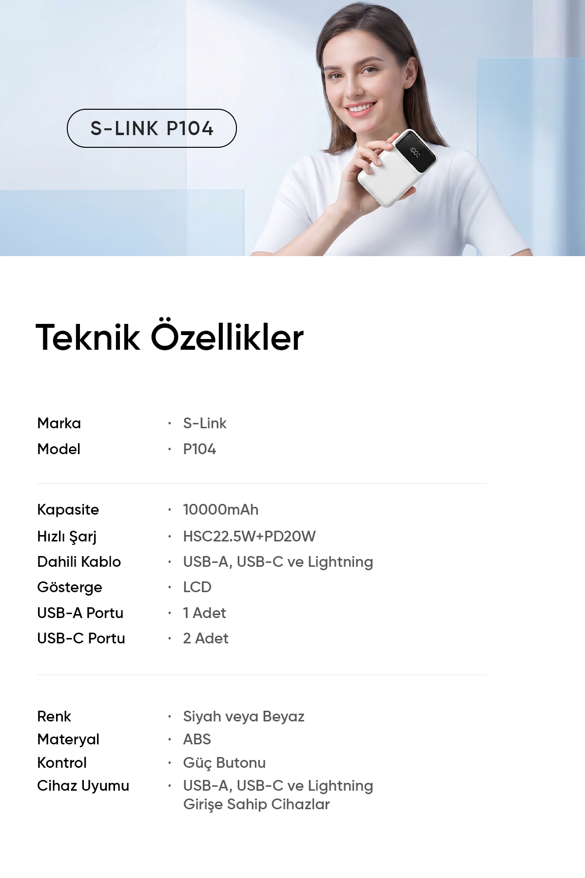 پاوربانک کابل داخلی 10000 میلی آمپری PRM P104 LCD سفید HSC22.5W+PD20W اورجینال S-Link