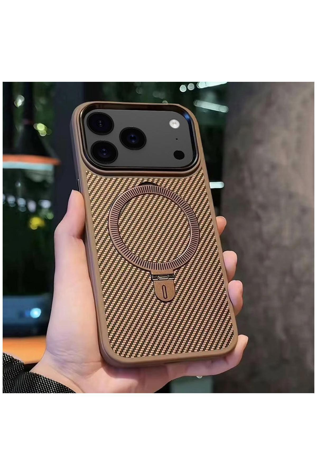 کاور و قاب سازگار APPLE IPHONE 17 PRO بهترین فیبر کربن پشتیبانی از شارژ بی سیم قهوه ای اورجینال Zebana