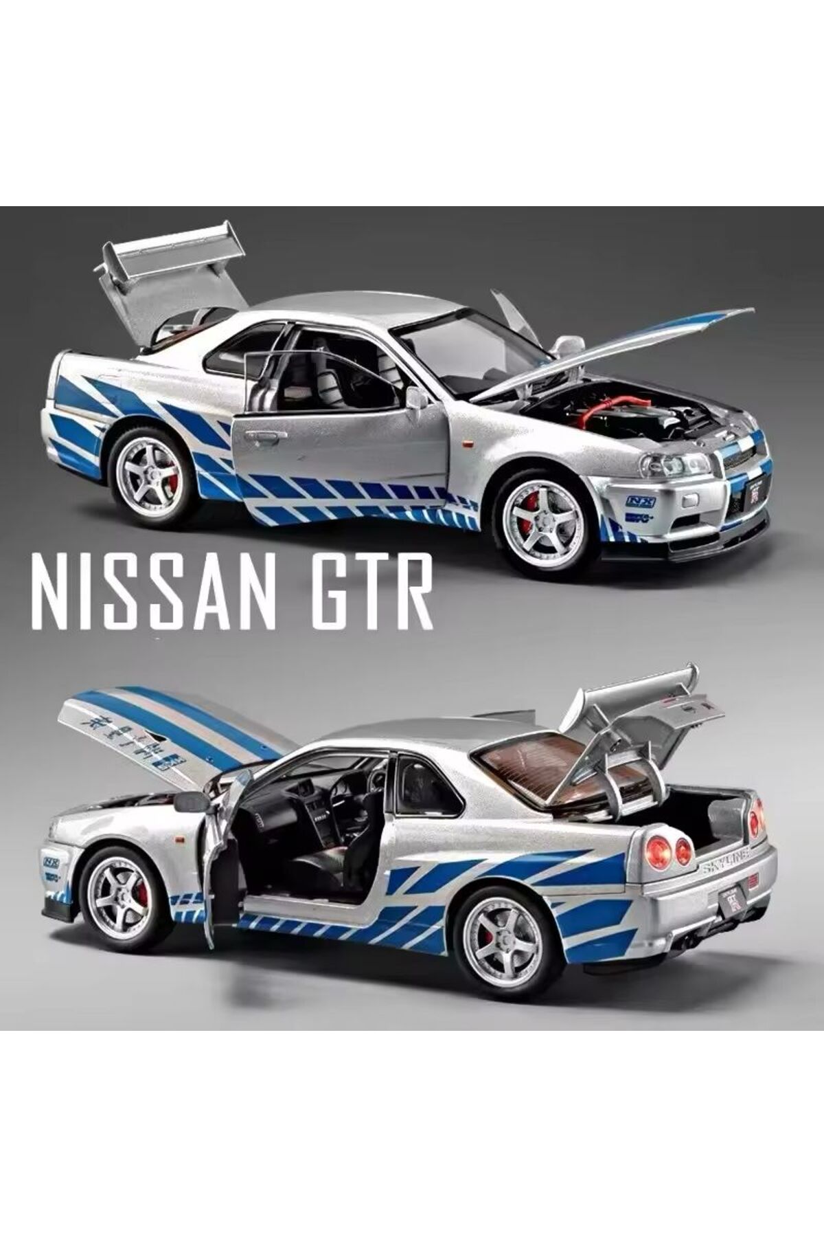 مدل خودرو FAST AND FURIOUS DIECAST 2002 NISSAN SKYLINE GTR R34SILVER BLUE مقیاس 1:24 با صدا و نور اورجینال scntoys
