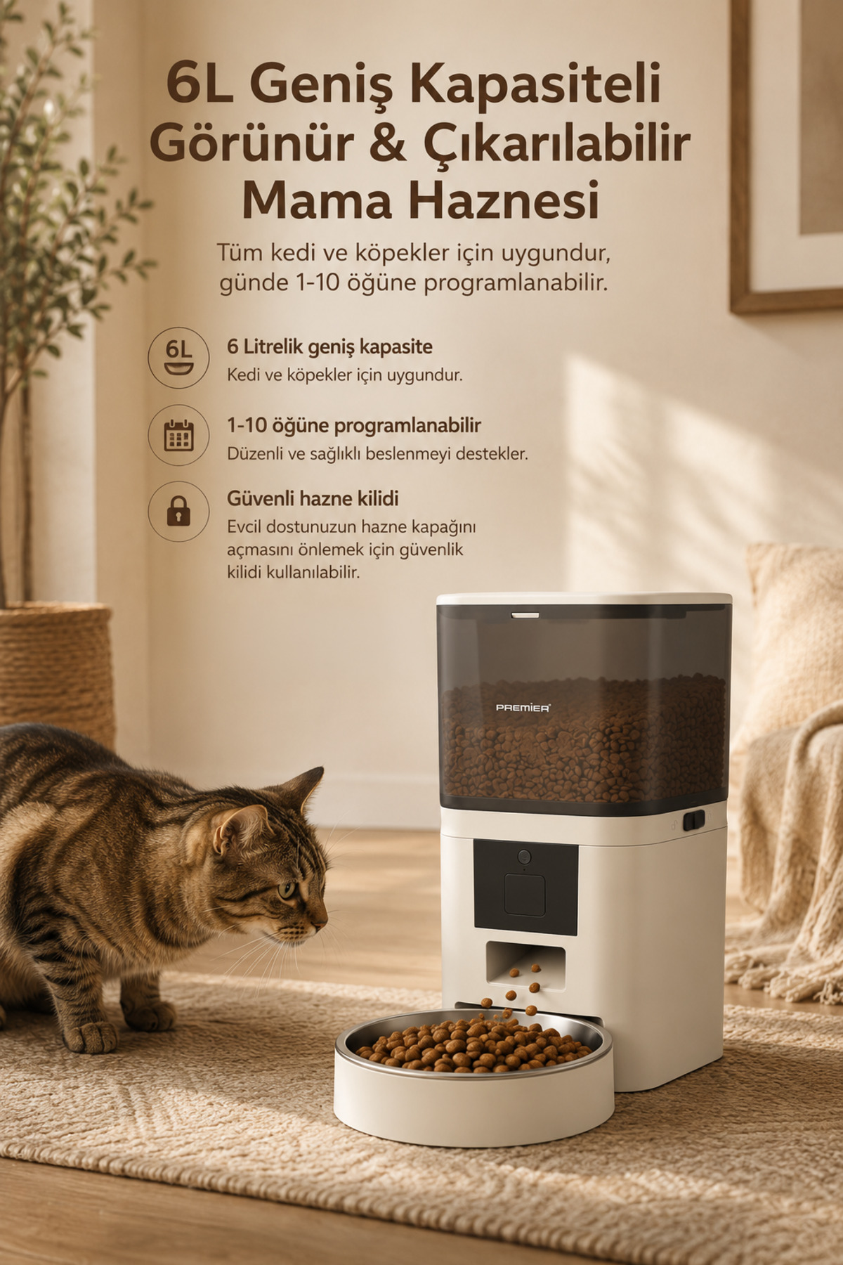 ظرف غذادهی خودکار هوشمند پریمیر Premier Petmate Smart، ۶ لیتری، مدل PPF 1003، کرم