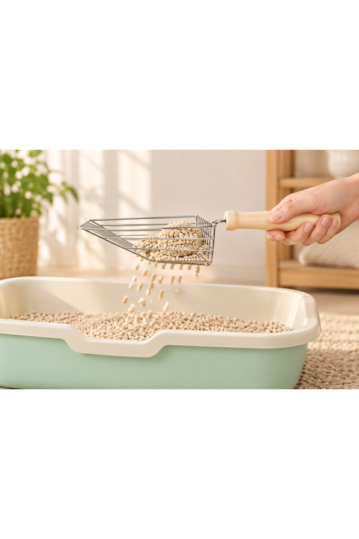 بیلچه تمیزکردن خاک گربه با دسته چوبی و سر فلزی بیبیرلی پت تداریک Bebirli Pet Tedarik نقره‌ای