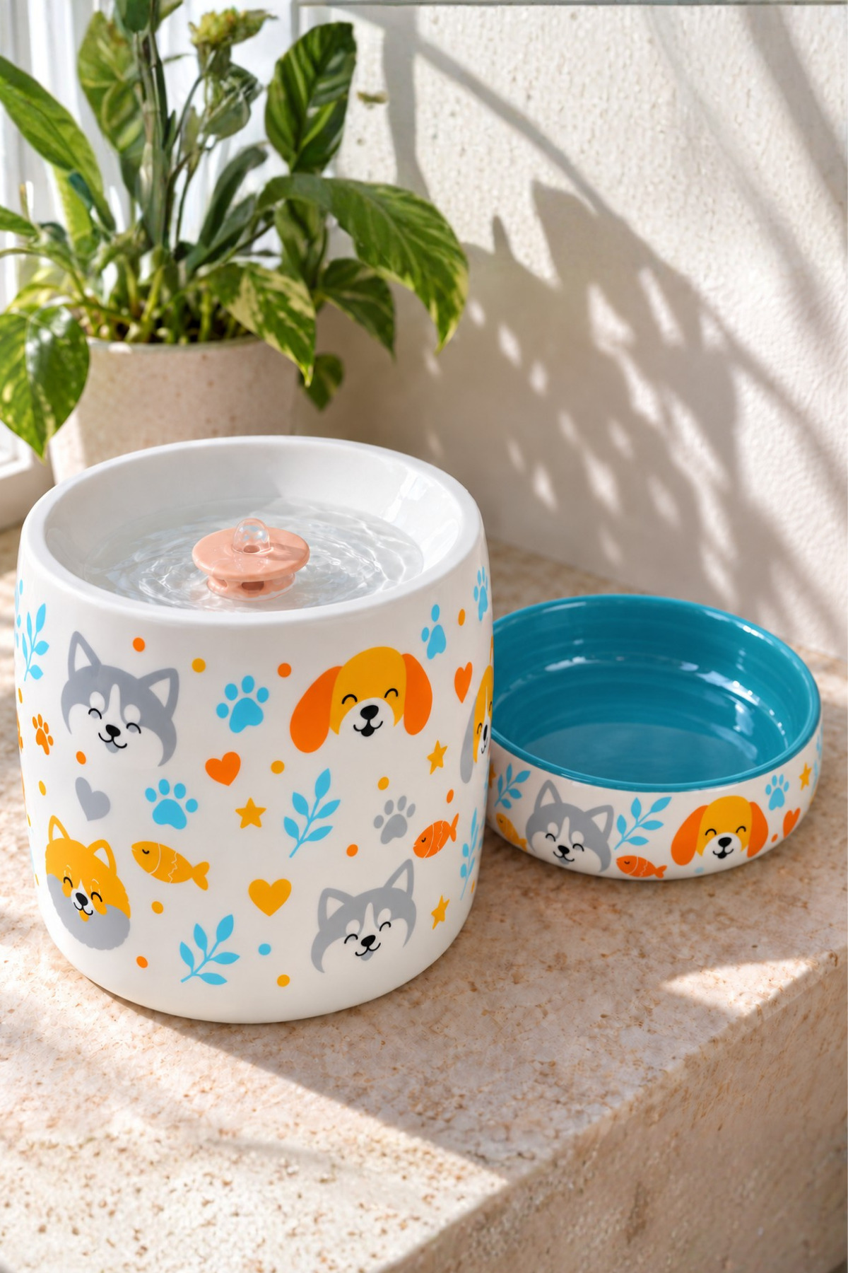 ست آبخوری فواره‌ای و ظرف غذای سگ و گربه پاویچی Pawicci، مدل PW-SEBILKASE-2LI، فواره سرامیکی ۱٫۳ لیتری فیروزه‌ای 1.3 L