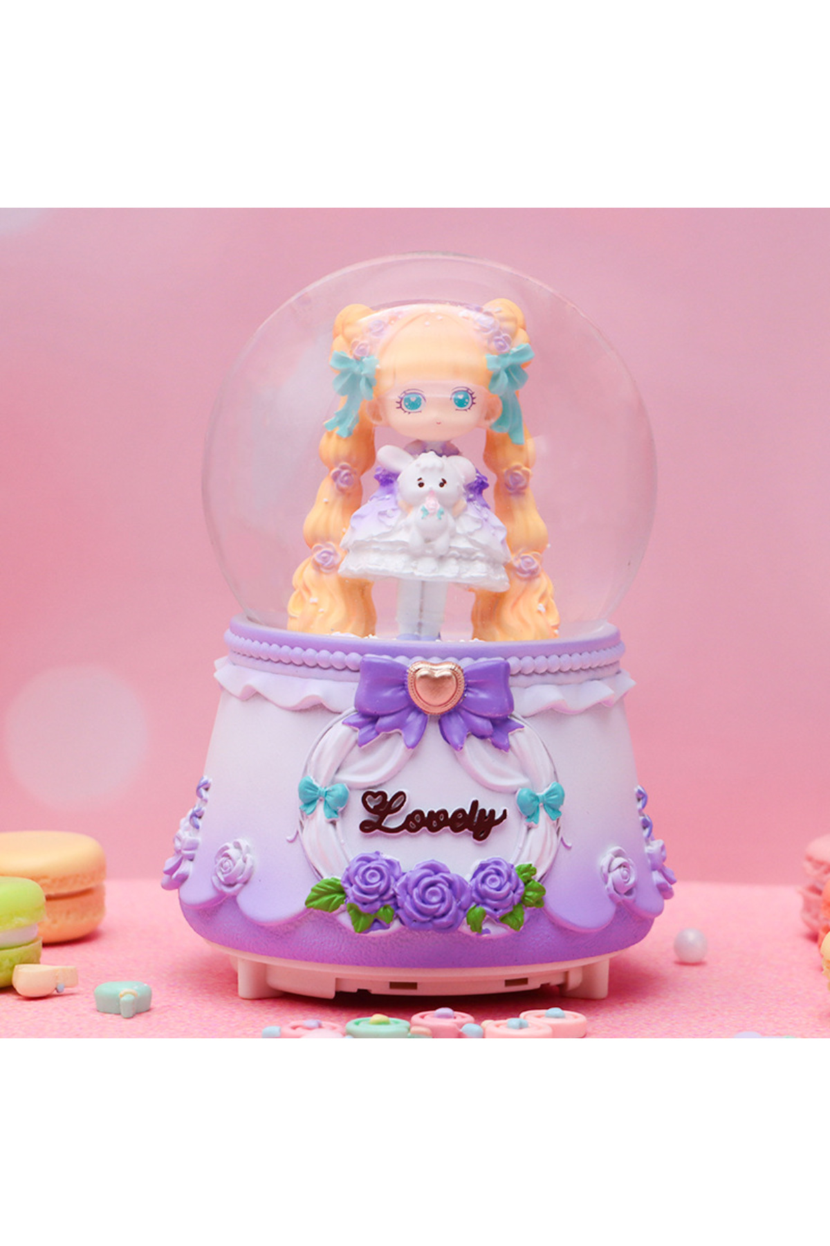 گوی برفی SNOW GLOBE GIRL WITH BUNNY با نور موسیقی اسپری بنفش 16X12 از ترکیه Livava