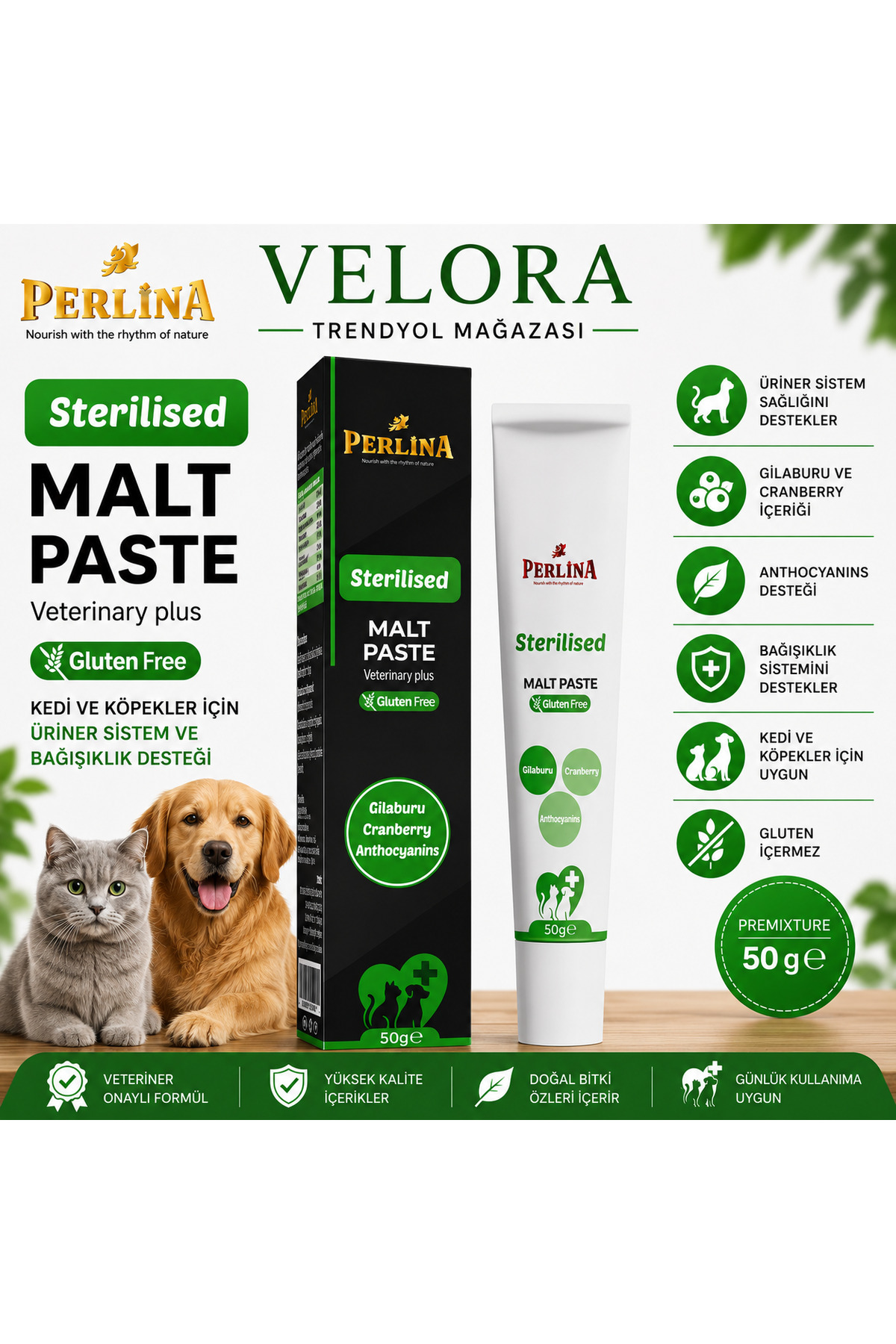 خمیر مالت Perlina Sterilised برای گربه و سگ، ۵۰ گرم، بدون گلوتن، ولورا گروپ VELORA GRUP