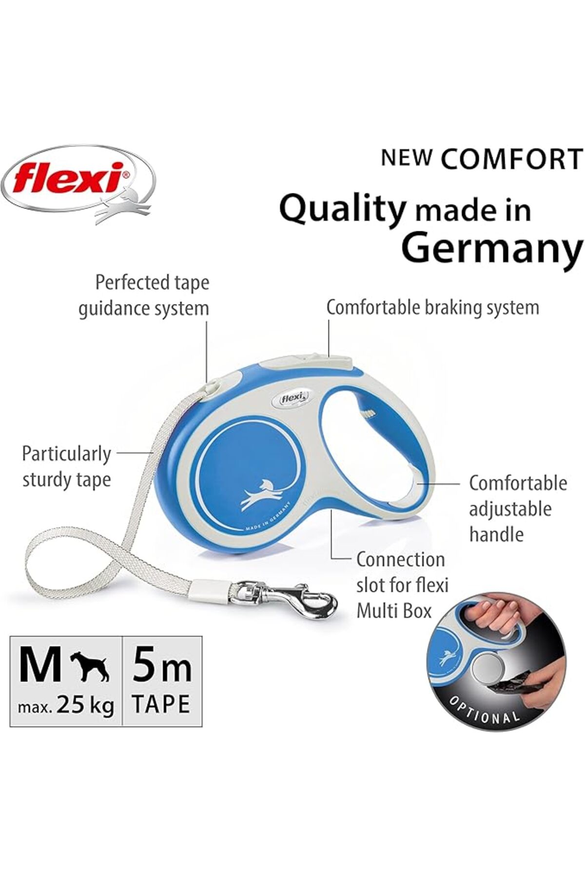 بند قلاده نواری سگ فلکسی Flexi New Comfort، سایز M، آبی، ۵ متر