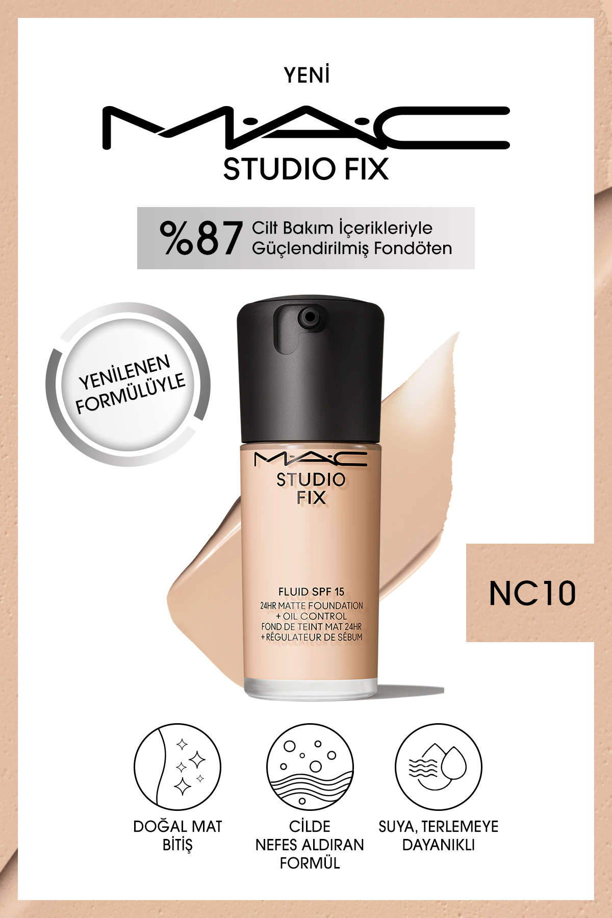 کرم پودر بنیاد MATT دائمی تا 24 ساعت استودیو FIX FILUID SPF15 رنگ: NC10 30ML Mac