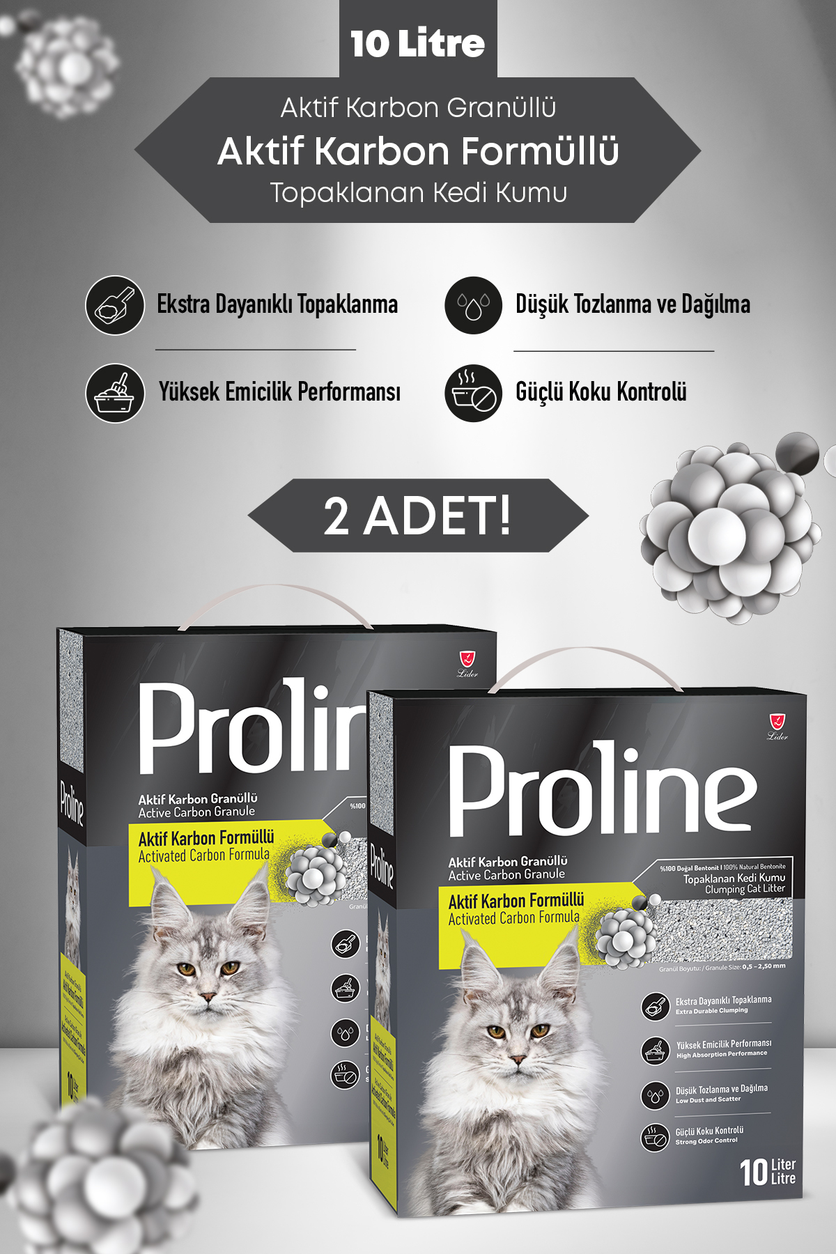 خاک گربه بنتونیتی دانه‌ریز کربن فعال پرولاین Proline، ۲×۱۰ لیتر