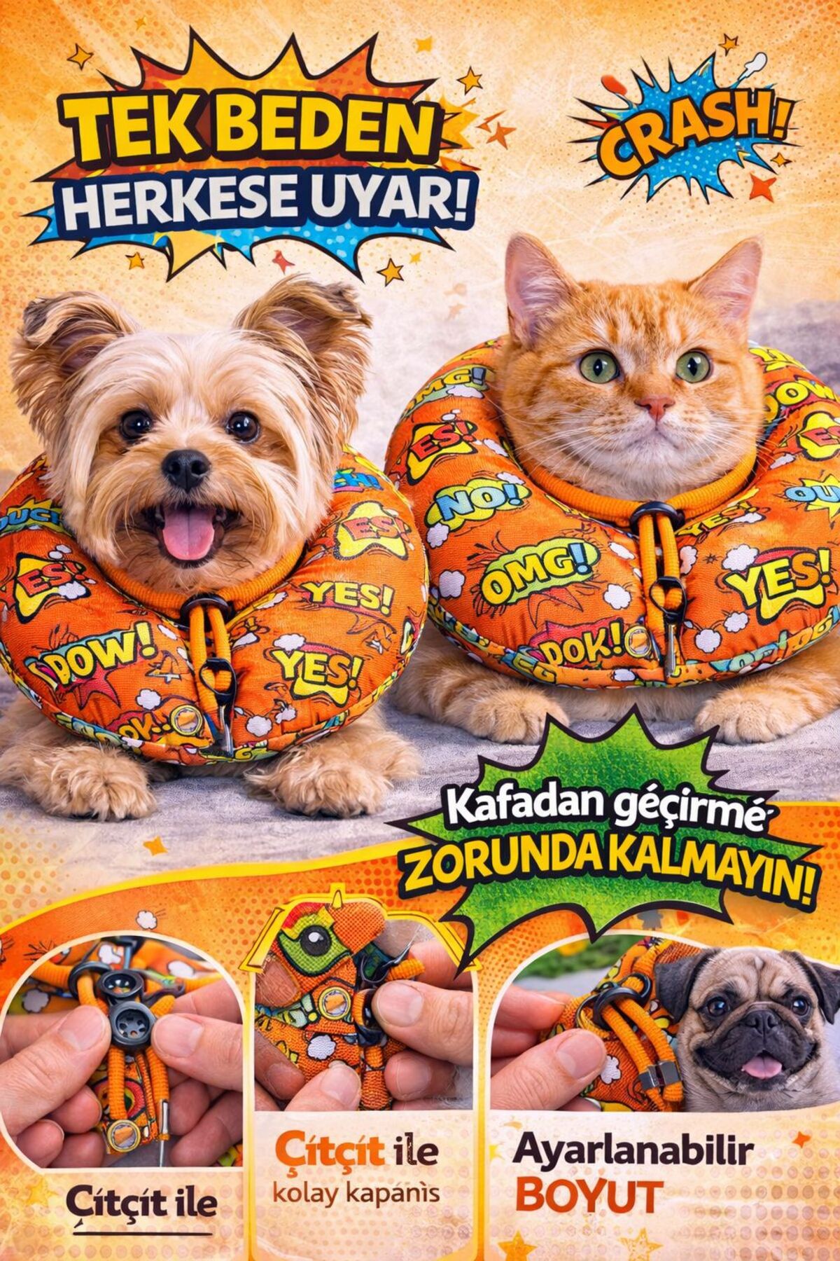 یقه محافظ سگ و گربه یالی‌پت YalıPet، قابل تنظیم، مدل premiumelızabeth نارنجی