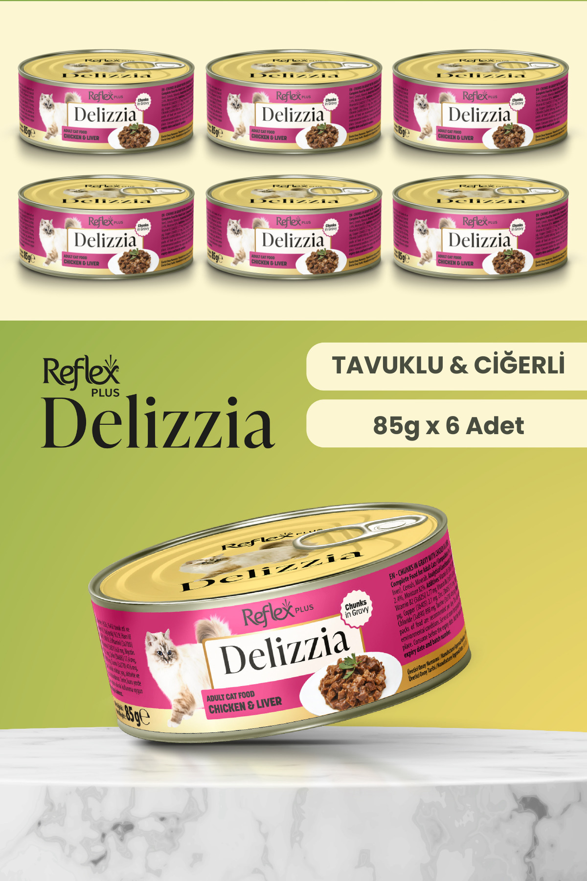 غذای کنسروی گربه بالغ رفلکس Reflex Plus Delizzia با مرغ و جگر، ۸۵ گرم × ۶