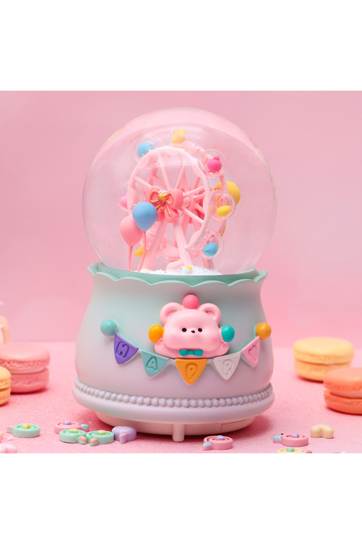 گوی برفی چرخ و فلک سایز بزرگ SNOW GLOBE با چراغ موسیقی اسپری صورتی 16X12 از ترکیه Livava